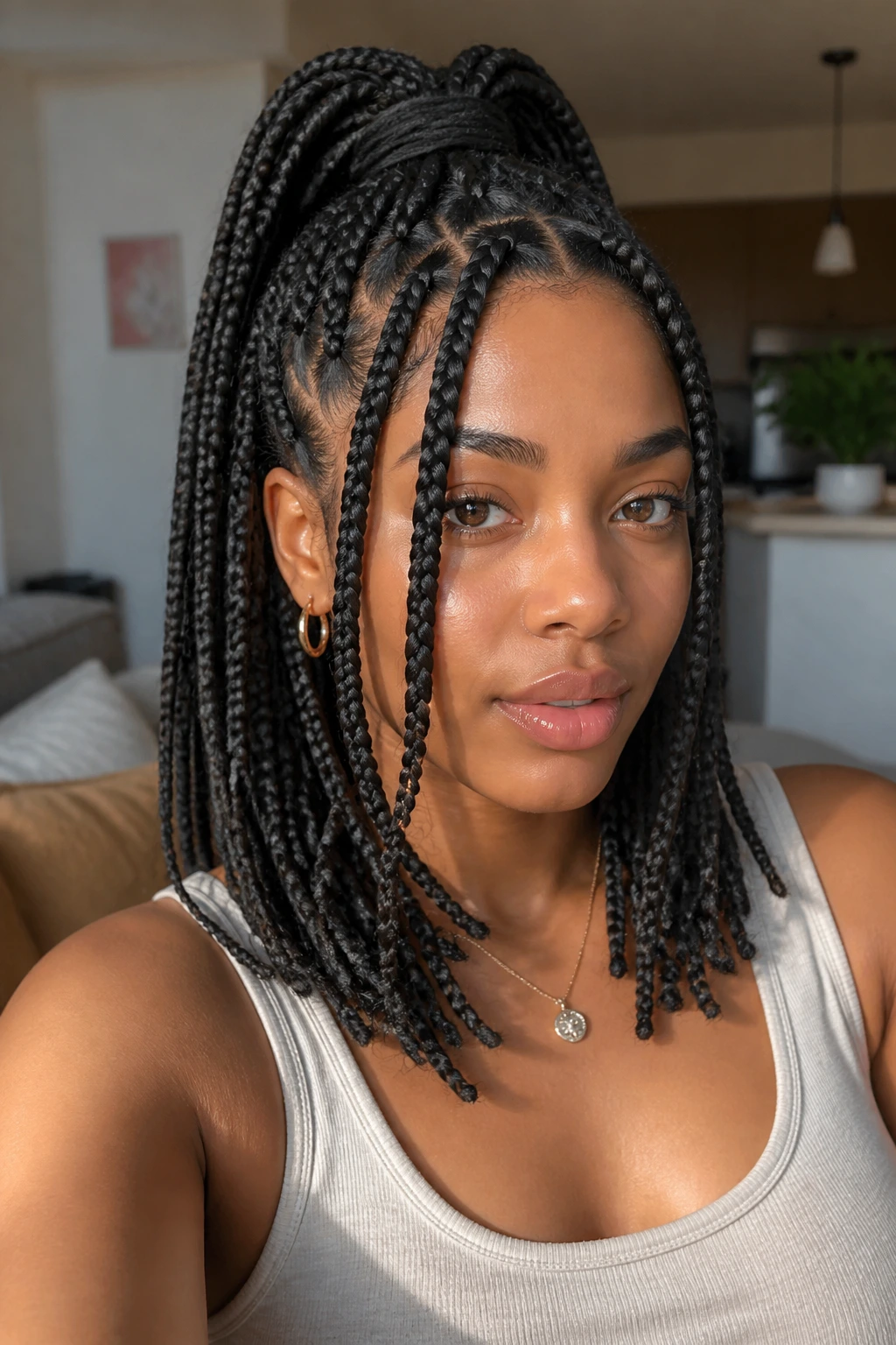 Shoulder-length portrait of a woman with half-up jumbo box braids and loose side layers.