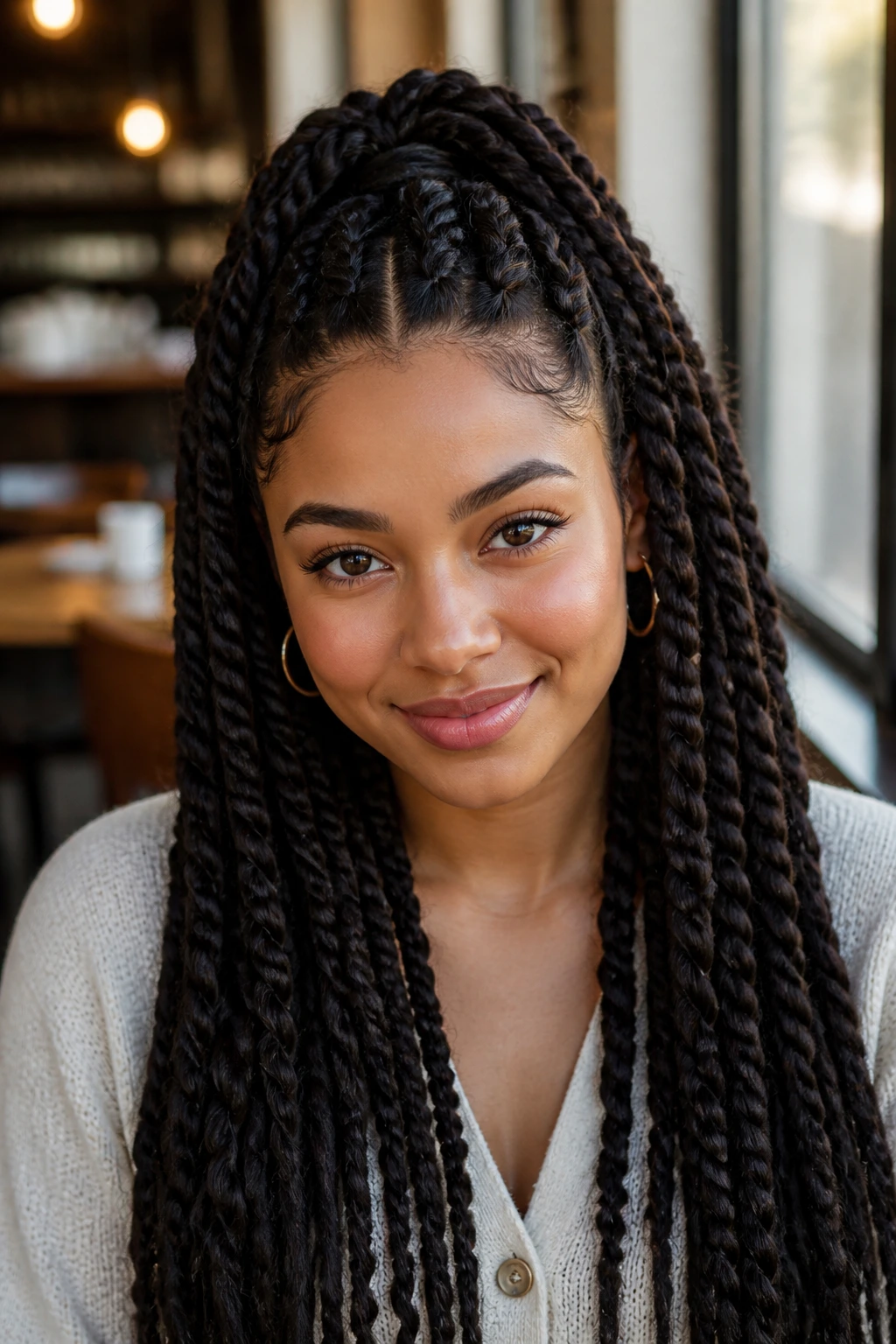 Close-up of a real woman with half-up, half-down jumbo braids framing her face
