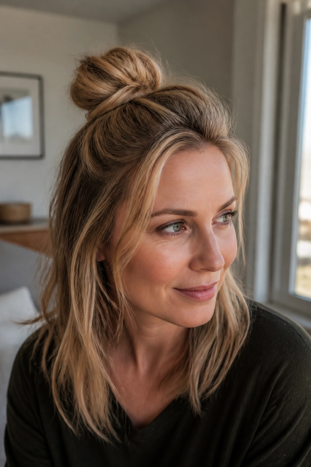 Close-up portrait of a real woman with a half-up top knot