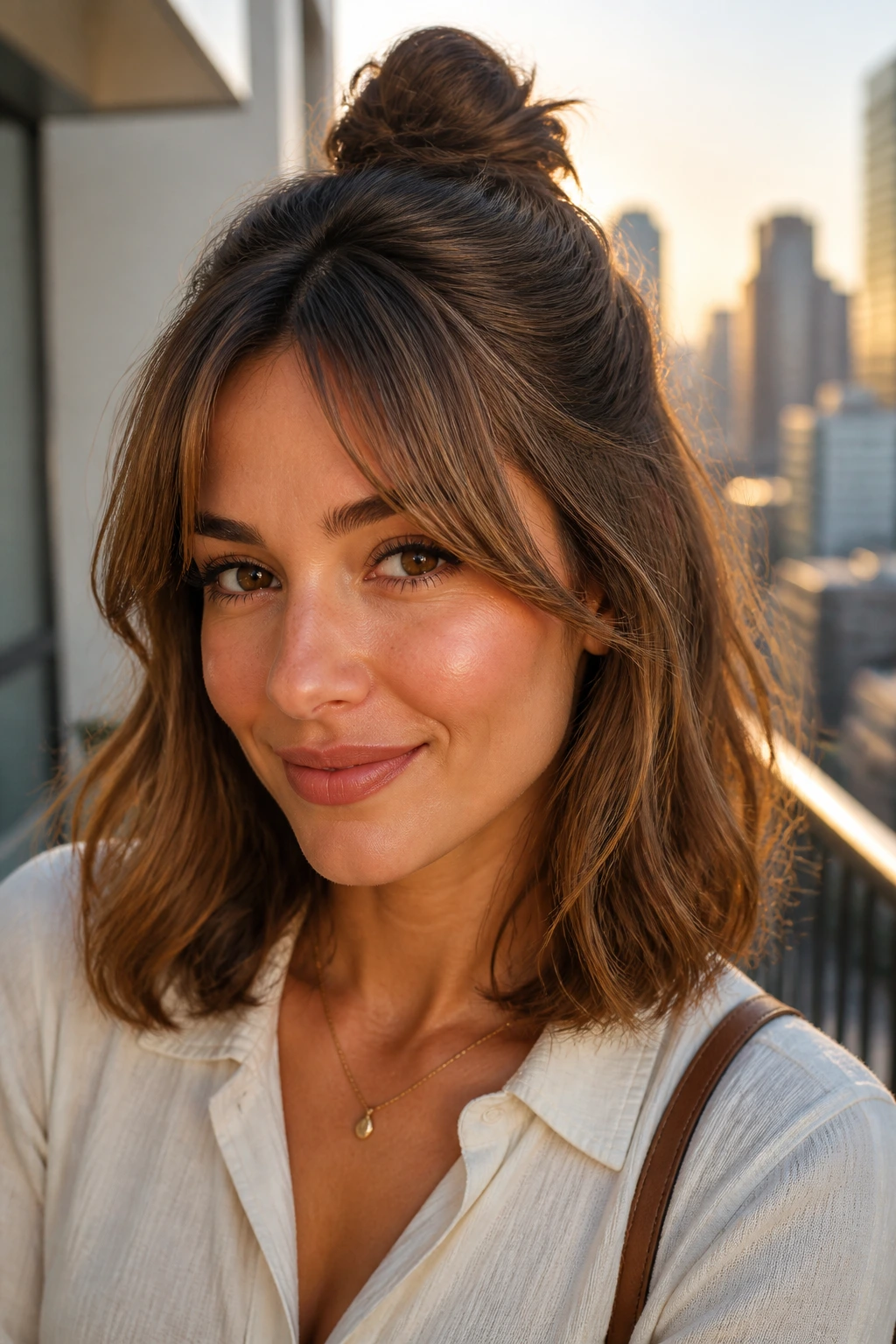 Portrait of a woman with a half-up knot and face-framing bangs.