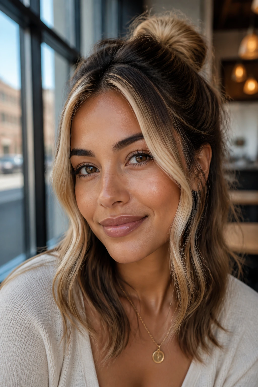 Close-up of a real woman with a half-up knot and bright front pieces.