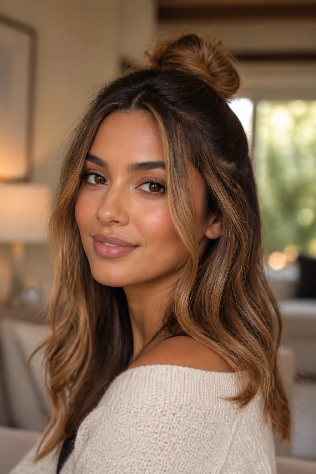 Real woman with half-up knot and caramel face frame