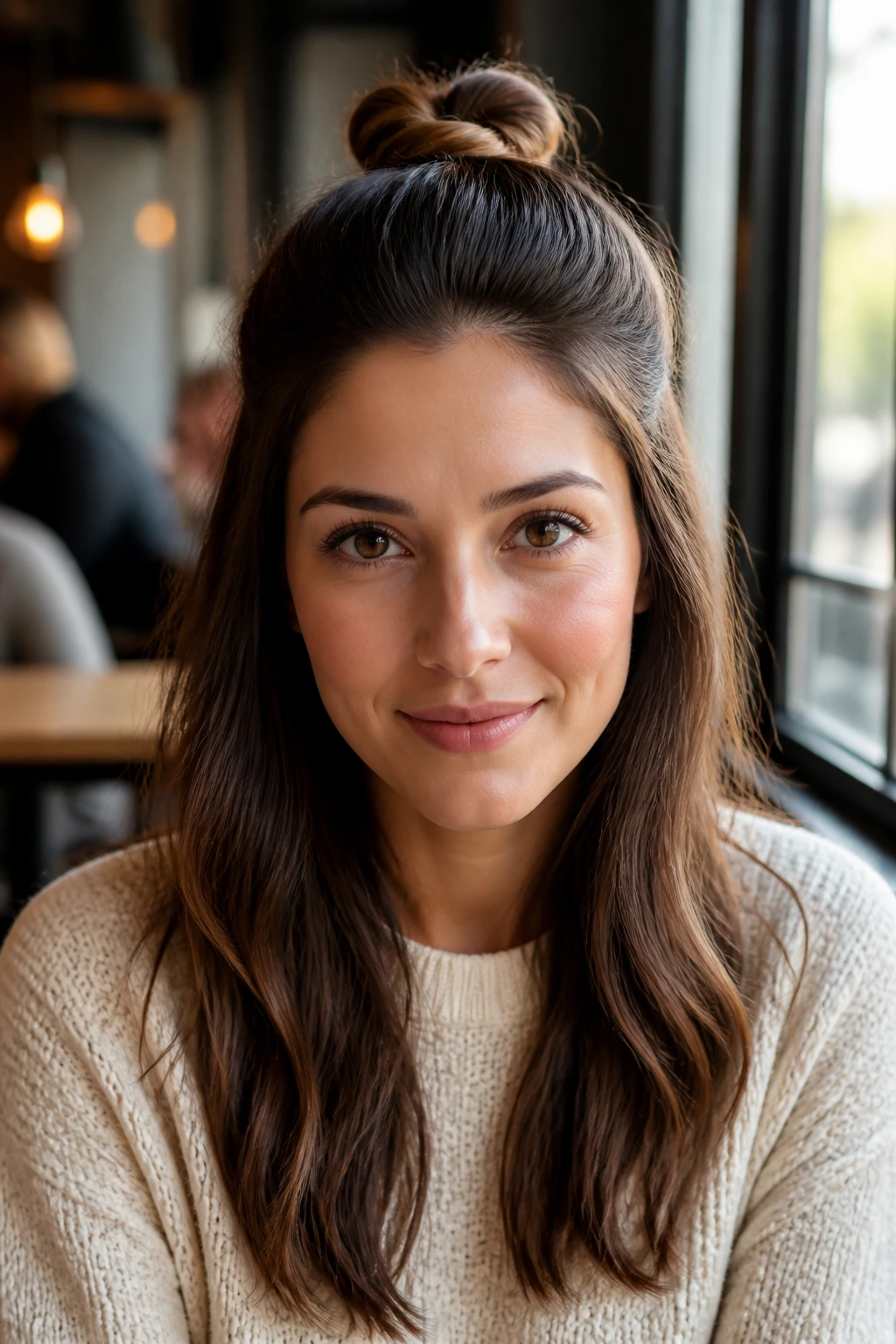Close-up of a real woman with a neat half-up knot at the crown.
