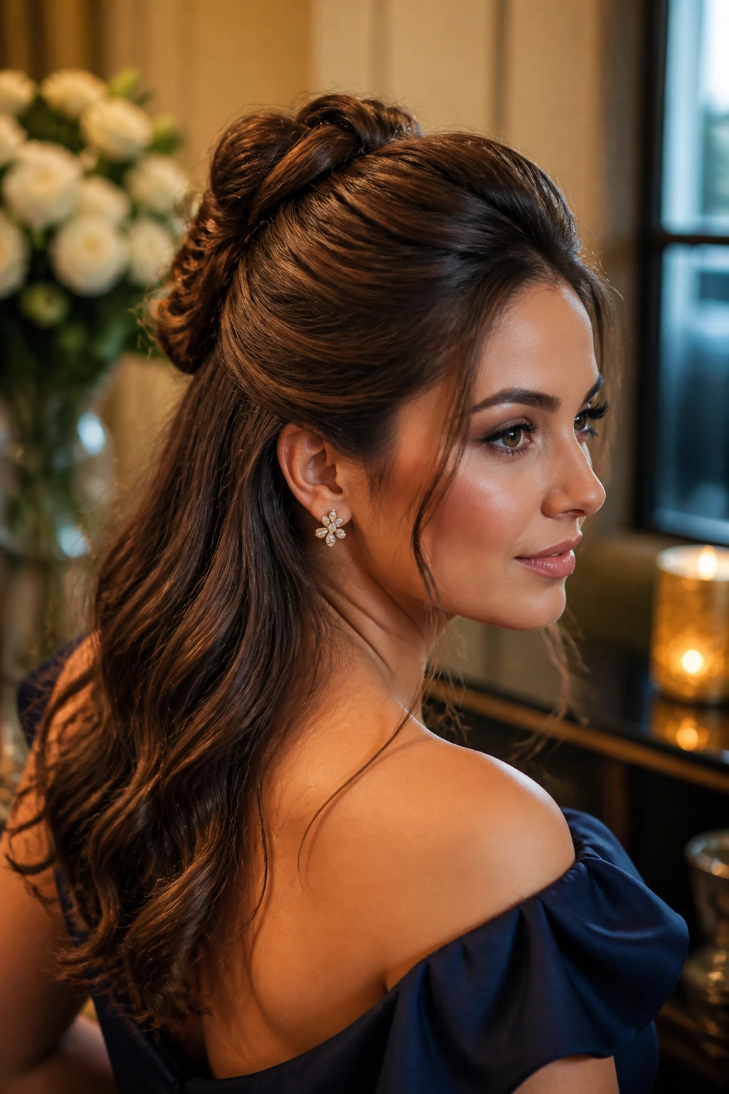 Close-up of a real woman with a half-up knot and crown volume for a wedding hairstyle