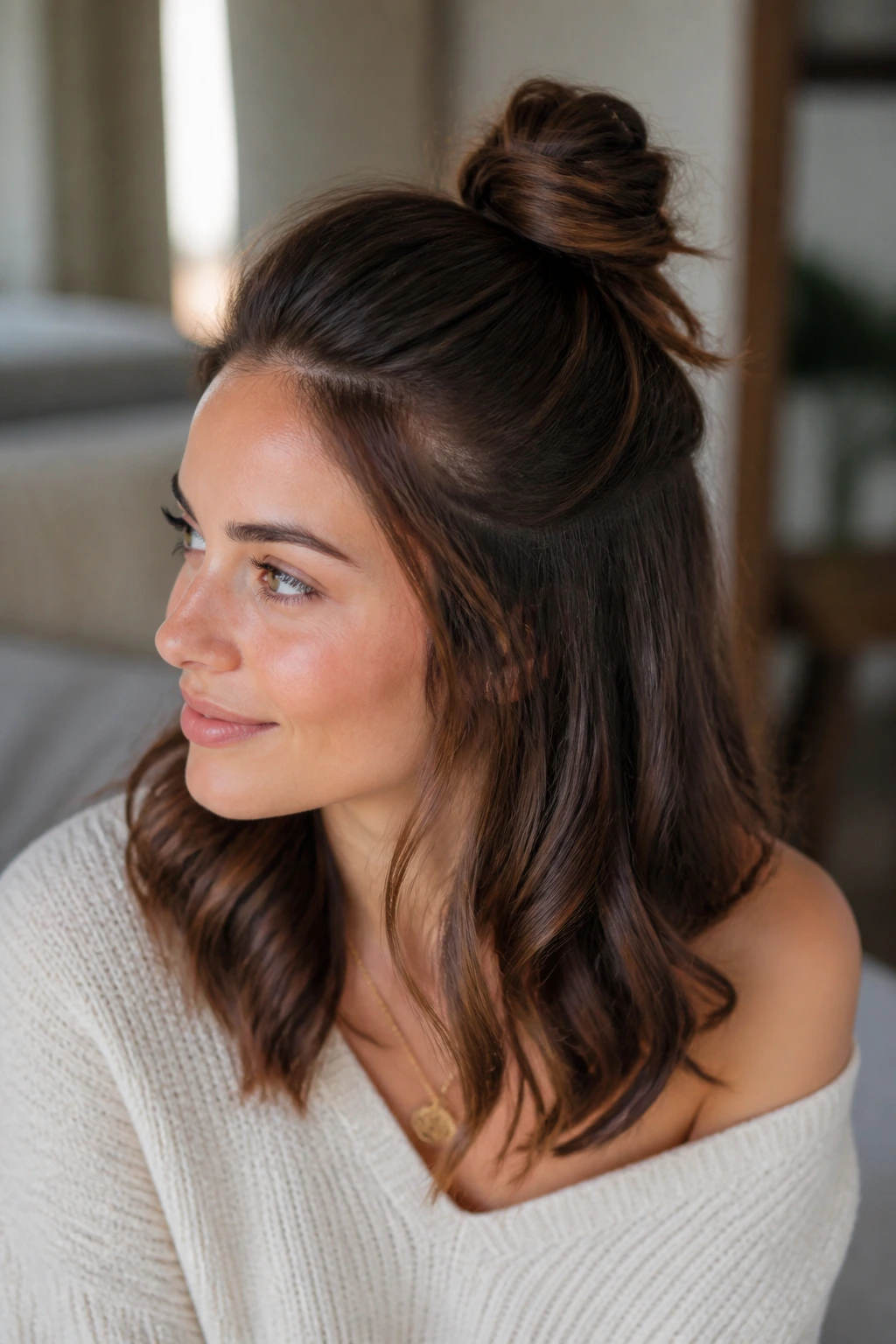 Close-up of a real woman with a half-up knot and loose curl tail