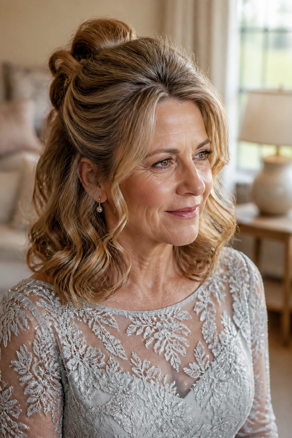 Close-up of a real woman with a half-up knot and curls, in warm window light
