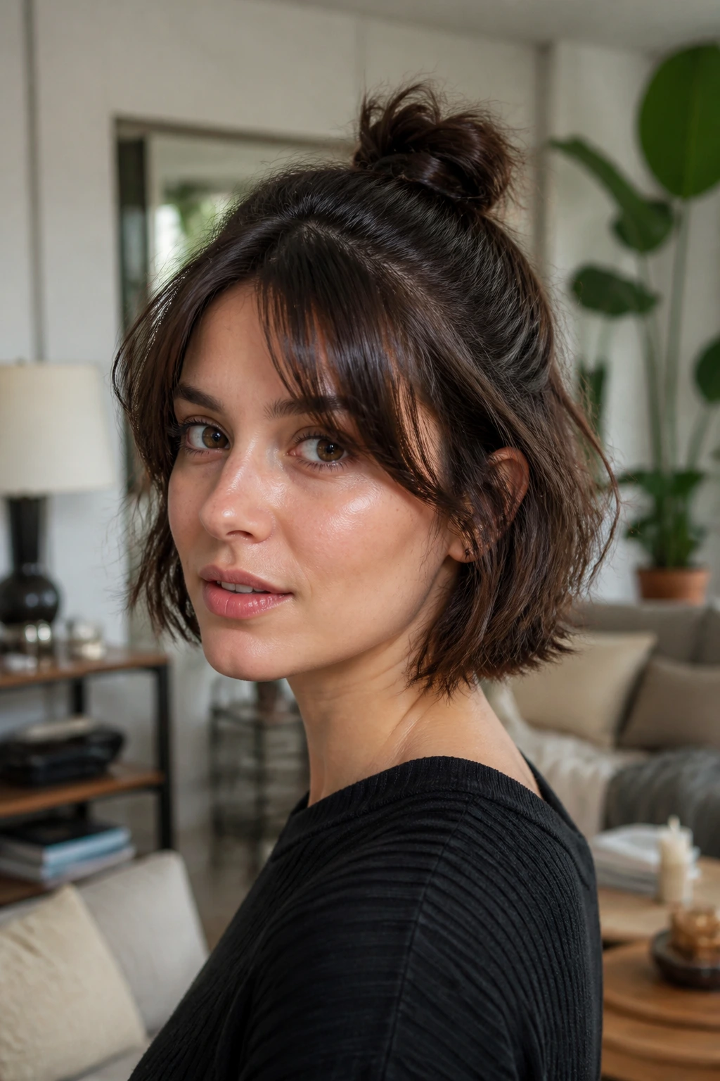 Close-up of a woman with a half-up knot and curtain bangs.