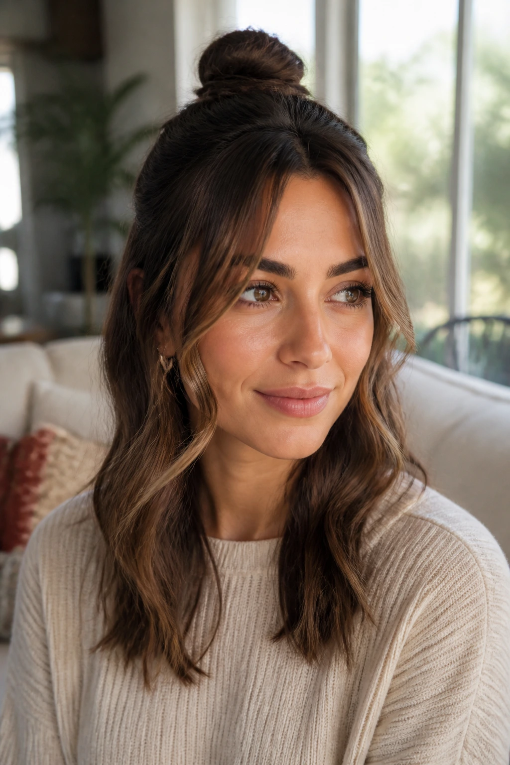 Close-up portrait of a real woman with a half-up knot and loose curtain pieces