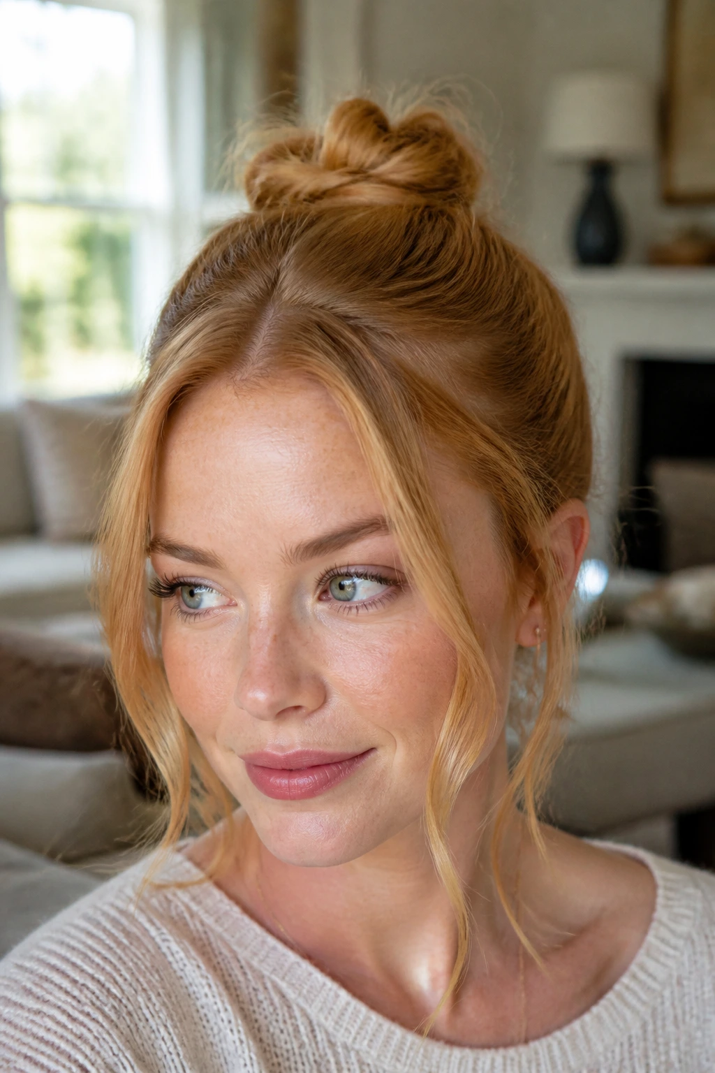 Real woman with half-up knot and thin face-framing strands showing apricot warmth