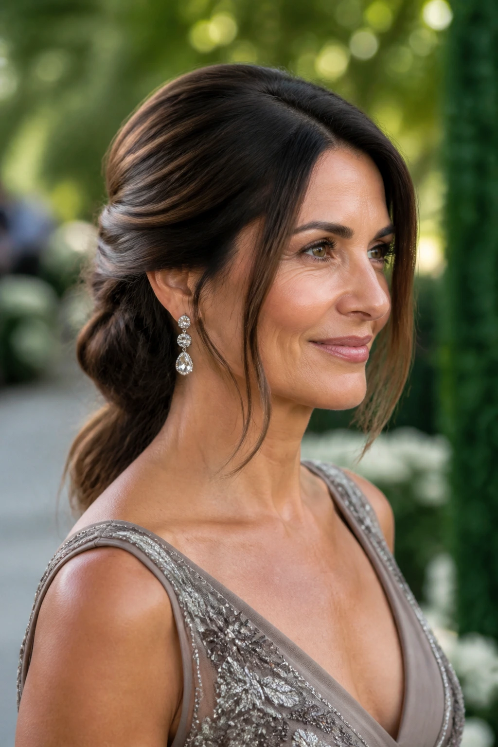 Close-up of a real woman with a half-up low knot and face-framing pieces in a garden setting