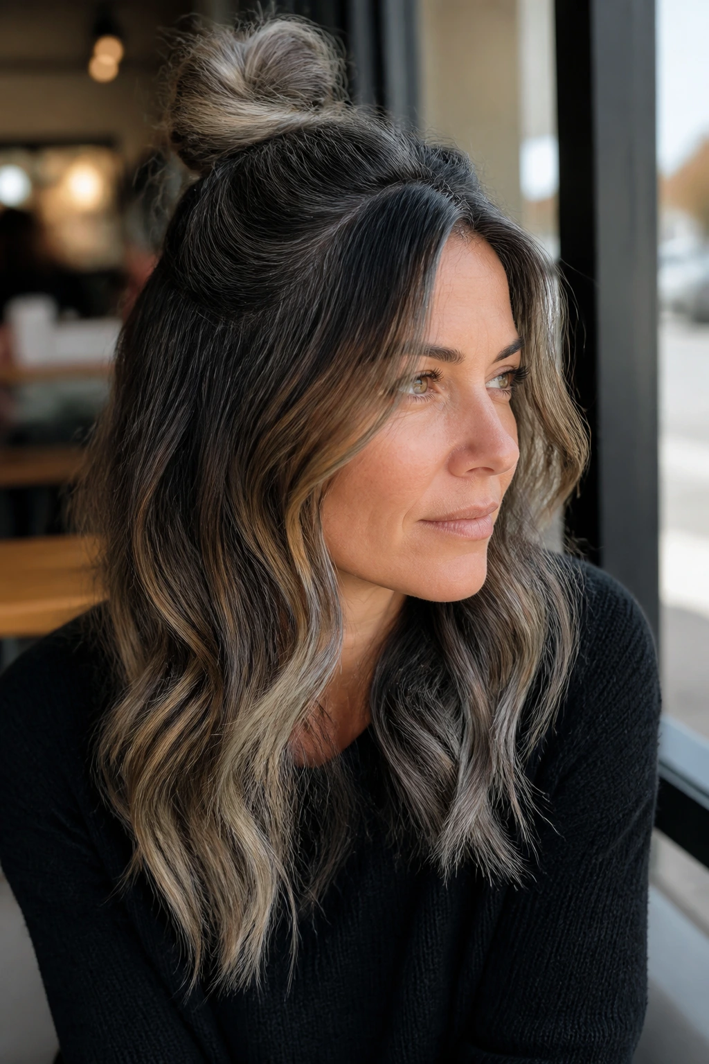Close-up portrait of a real woman with a half-up knot showing grey ends and caramel threads