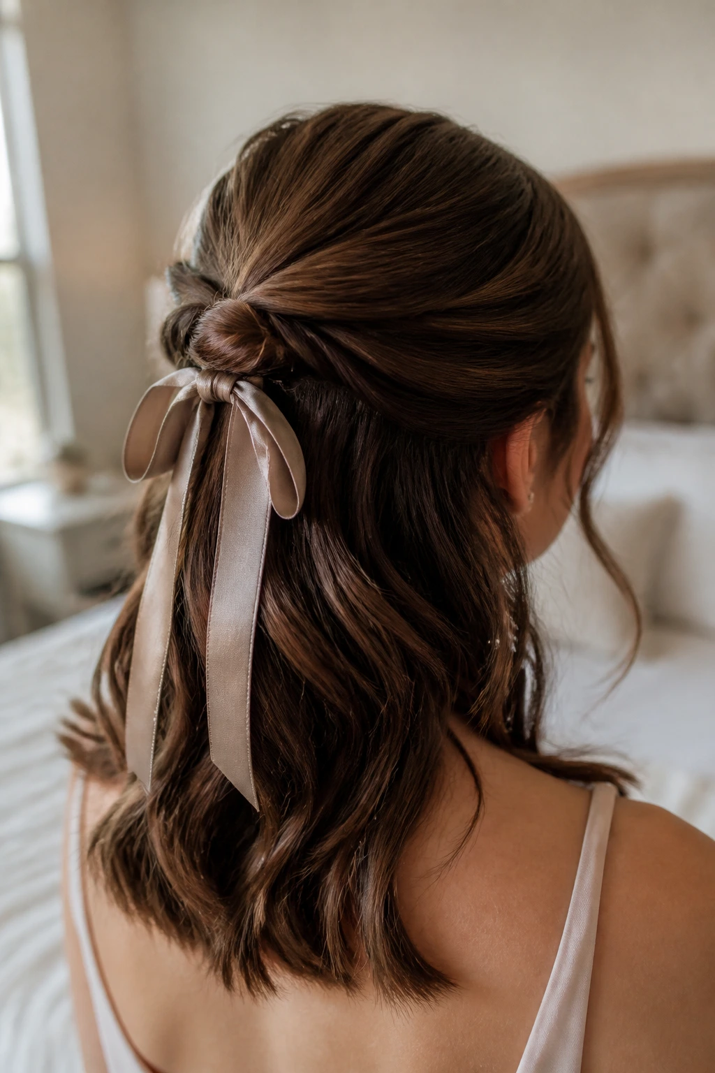 Close-up of a woman with a satin ribbon knot half-up hairstyle