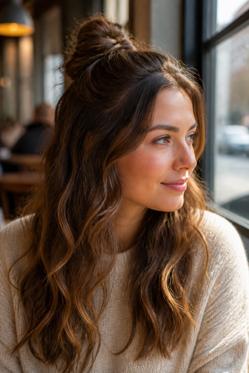 Portrait of a real woman with a twisted half-up knot and loose waves in a sunlit cafe.