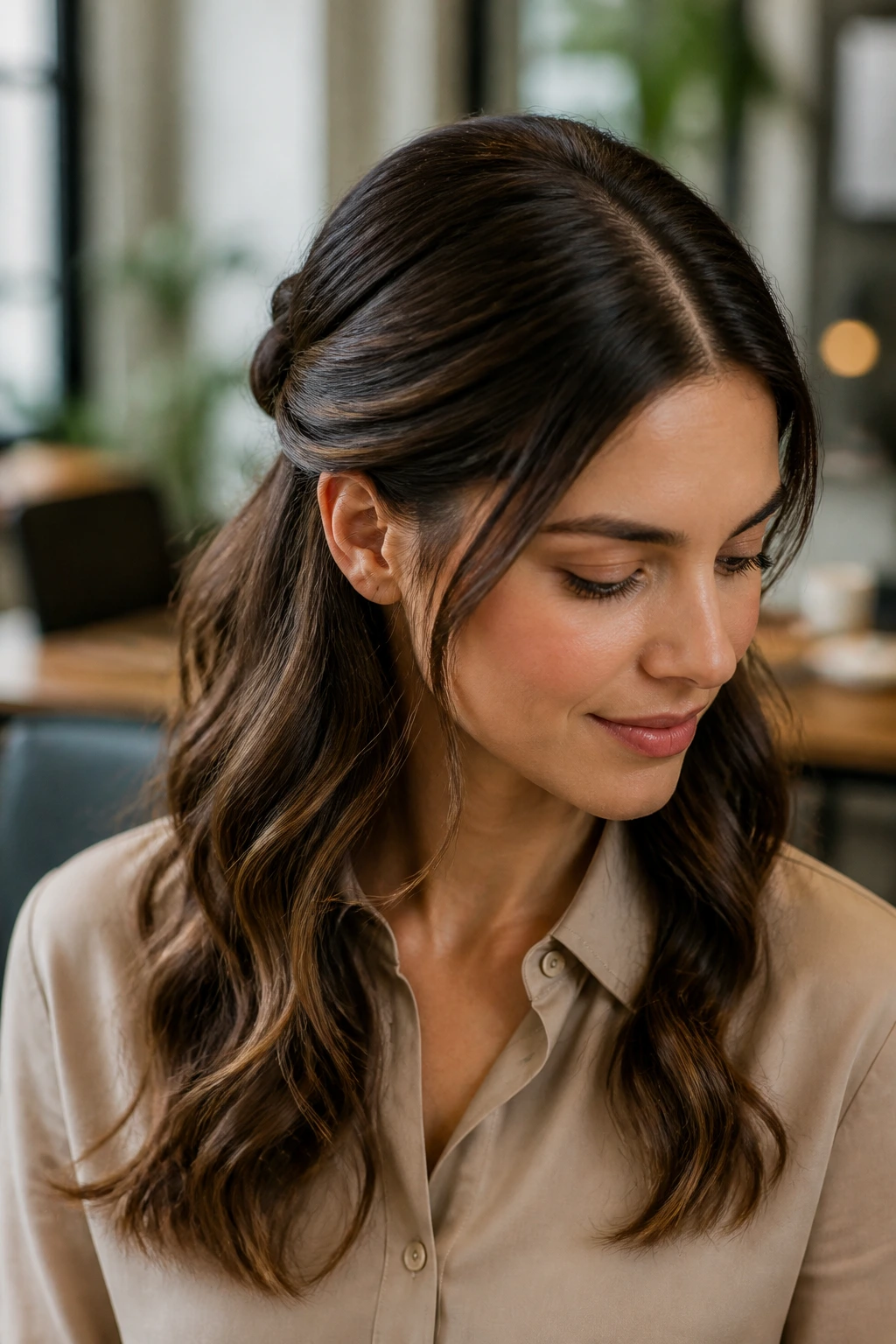 Portrait of a real woman with a low half-up knot and center part.
