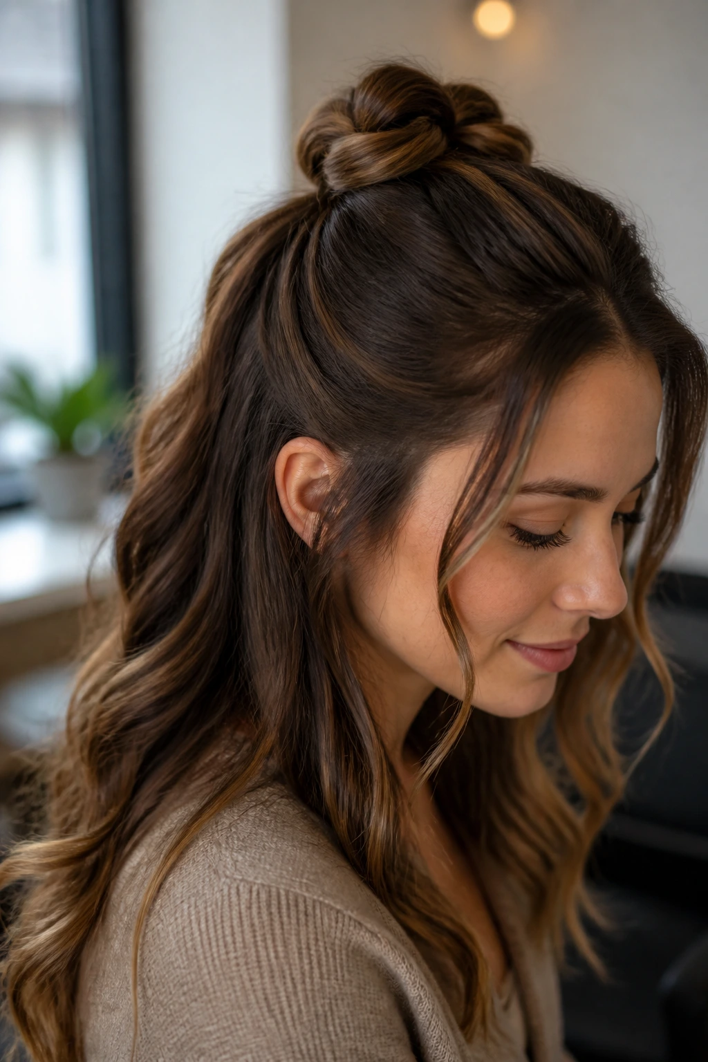 Close-up portrait of a woman with a half-up knot hidden elastic on the crown