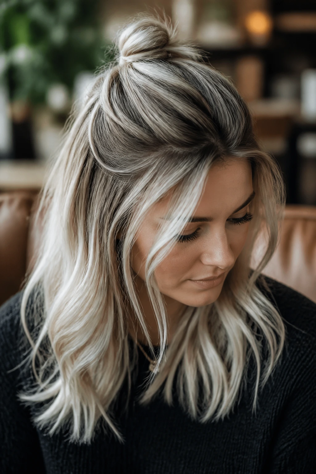 Real person with half-up knot and ice blonde ends