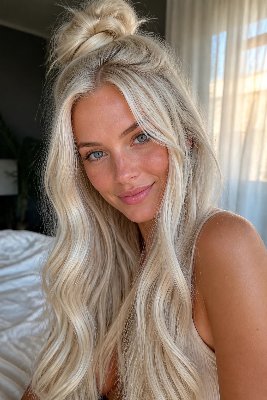 Close-up of a real woman with a half-up knot on long icy blonde hair.