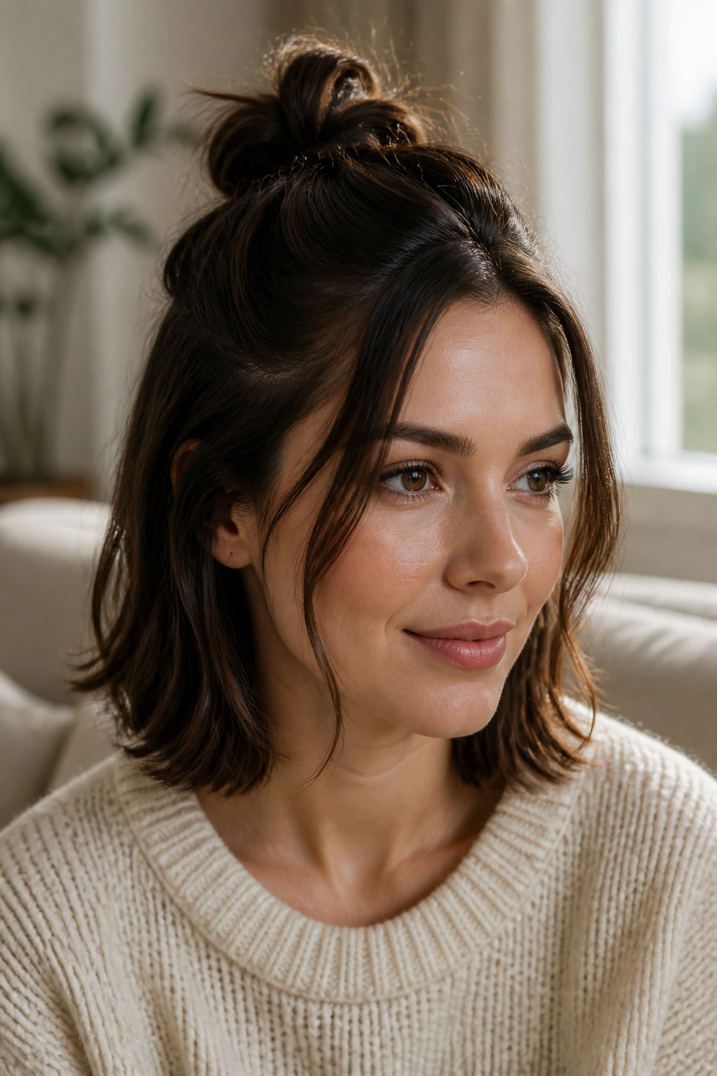 Close-up of a person with a half-up knot on a lob hairstyle