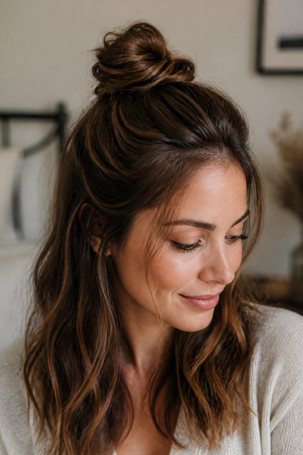 Close-up of a real woman with a half-up knot and loose ends