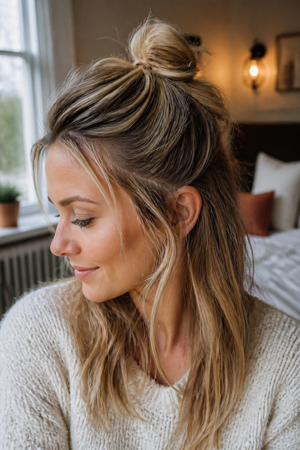 Close-up of a real woman with a small, messy half-up top knot at the crown in a sunlit bedroom