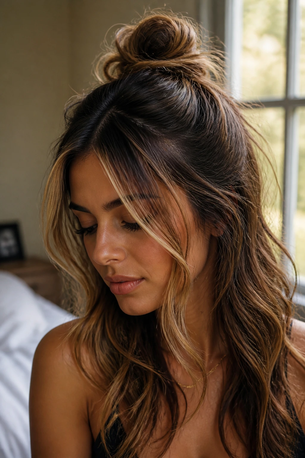 Close-up of a real woman with a half-up messy knot and face-framing money pieces in natural window light.