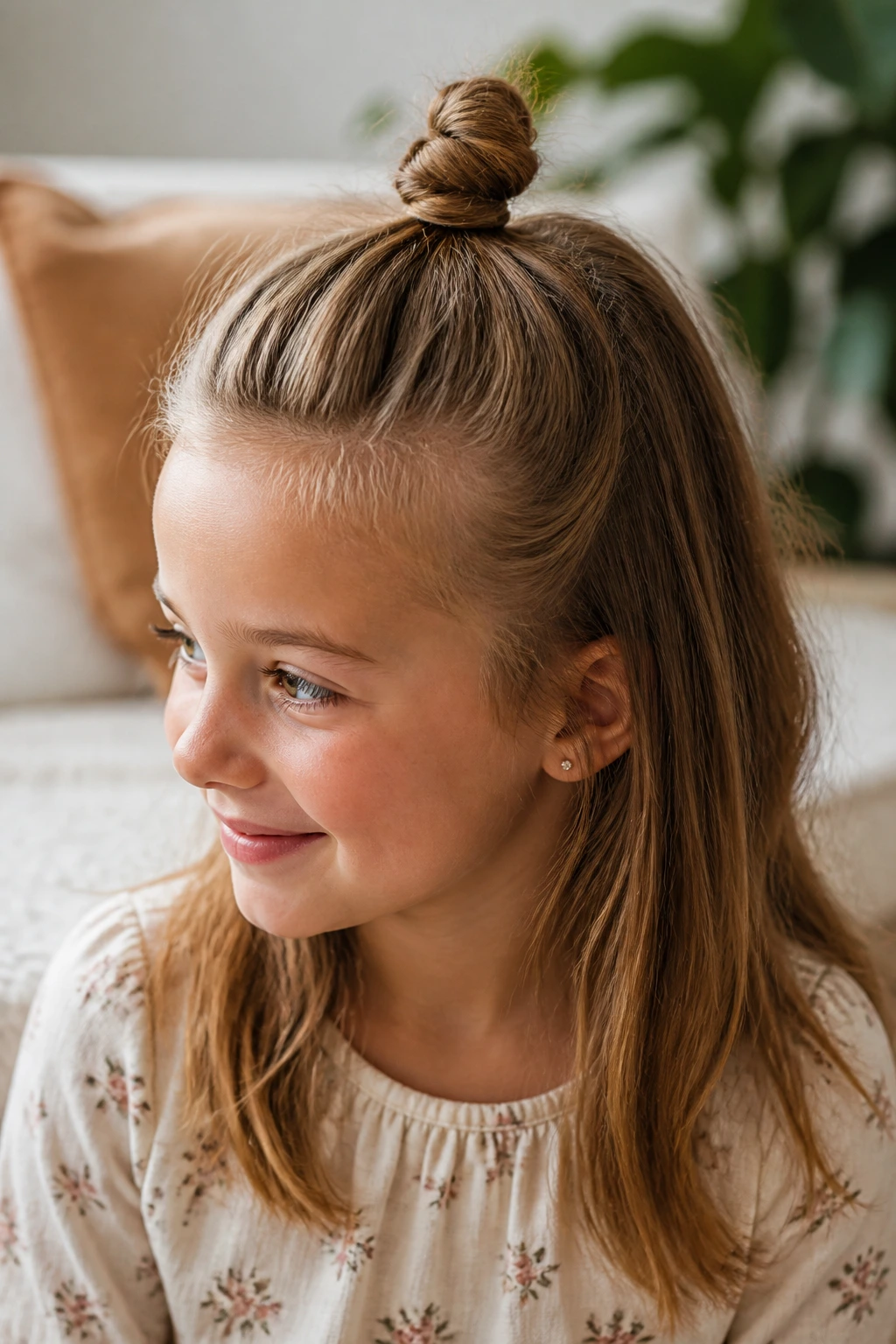Close-up of a real girl's half-up knot hairstyle in a cozy indoor setting