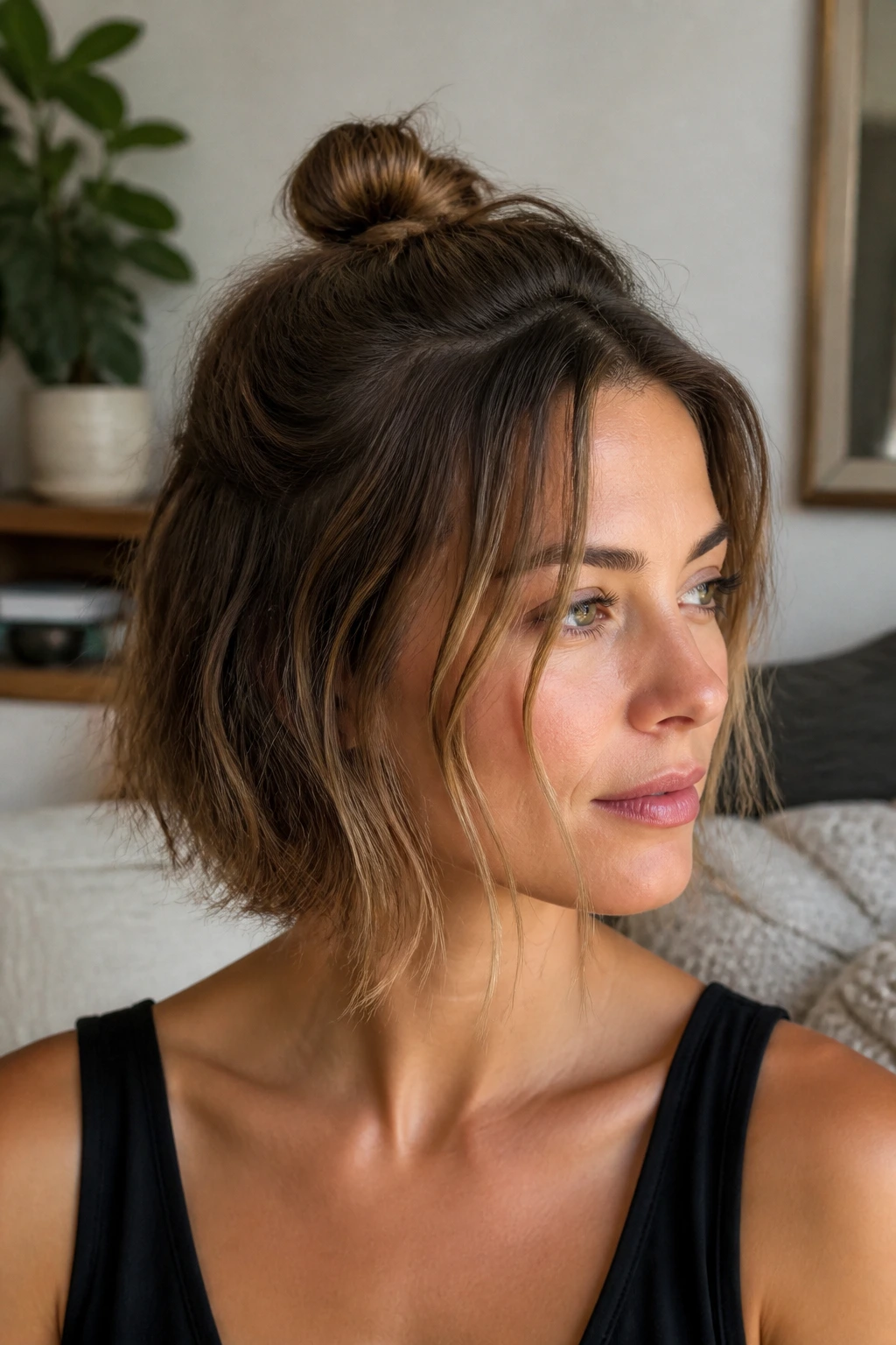 Close-up of a real person with a tiny half-up knot on a short bob