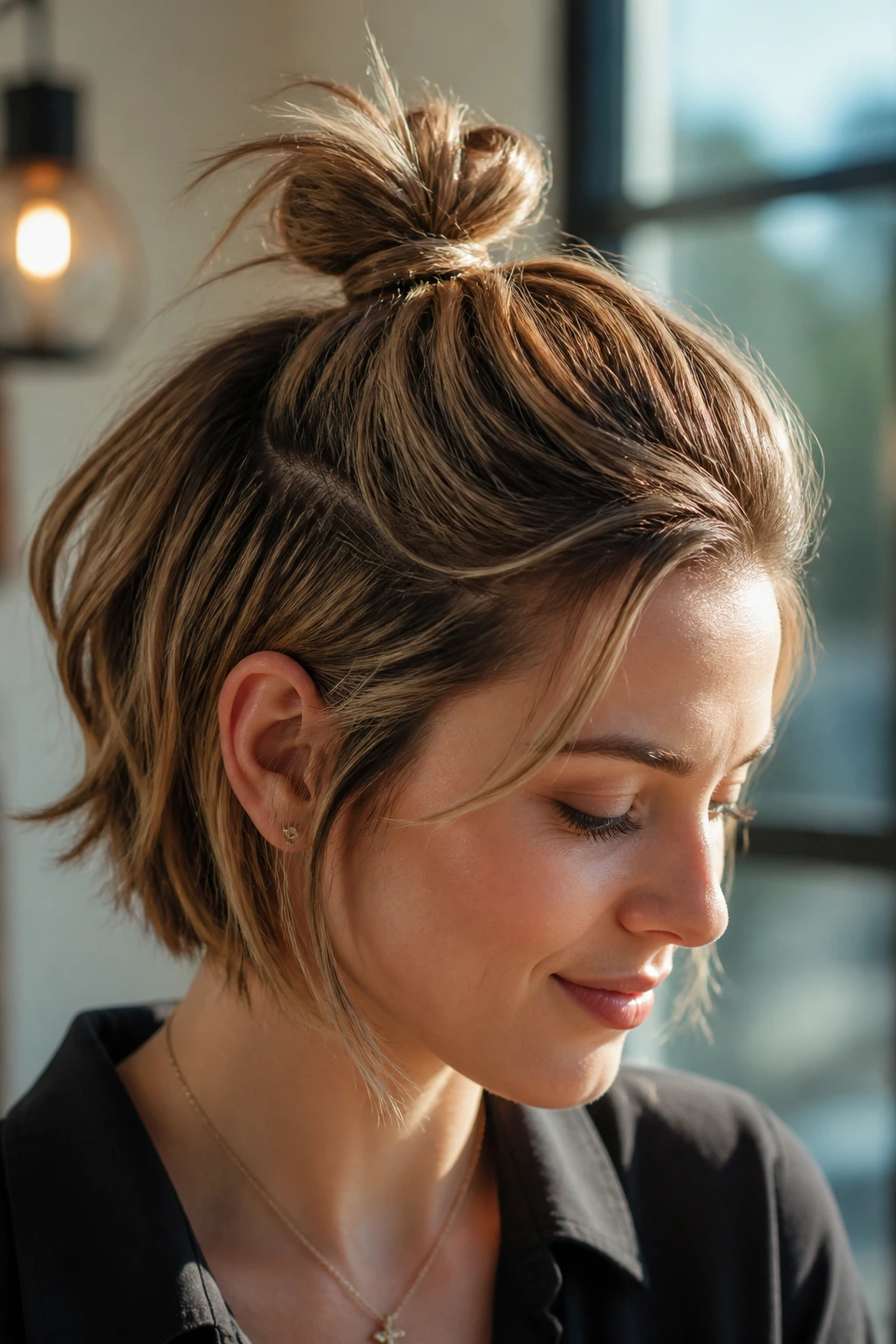 Close-up of a real person with a half-up knot on short layers