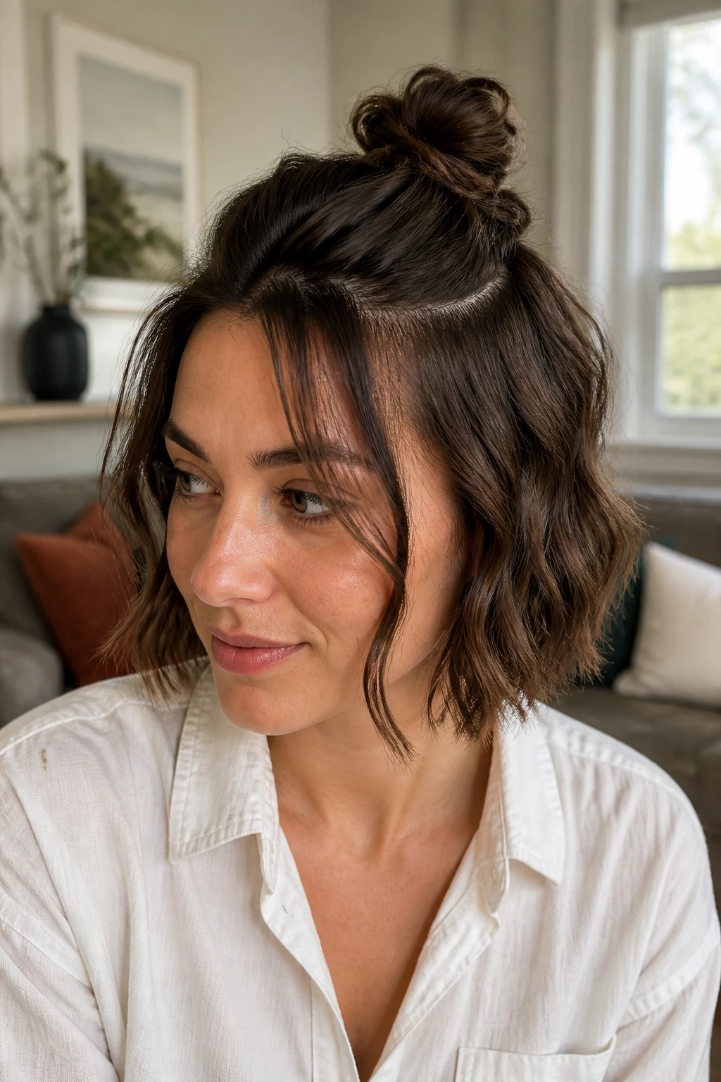 Close-up of a real woman with a tiny crown knot in short waves