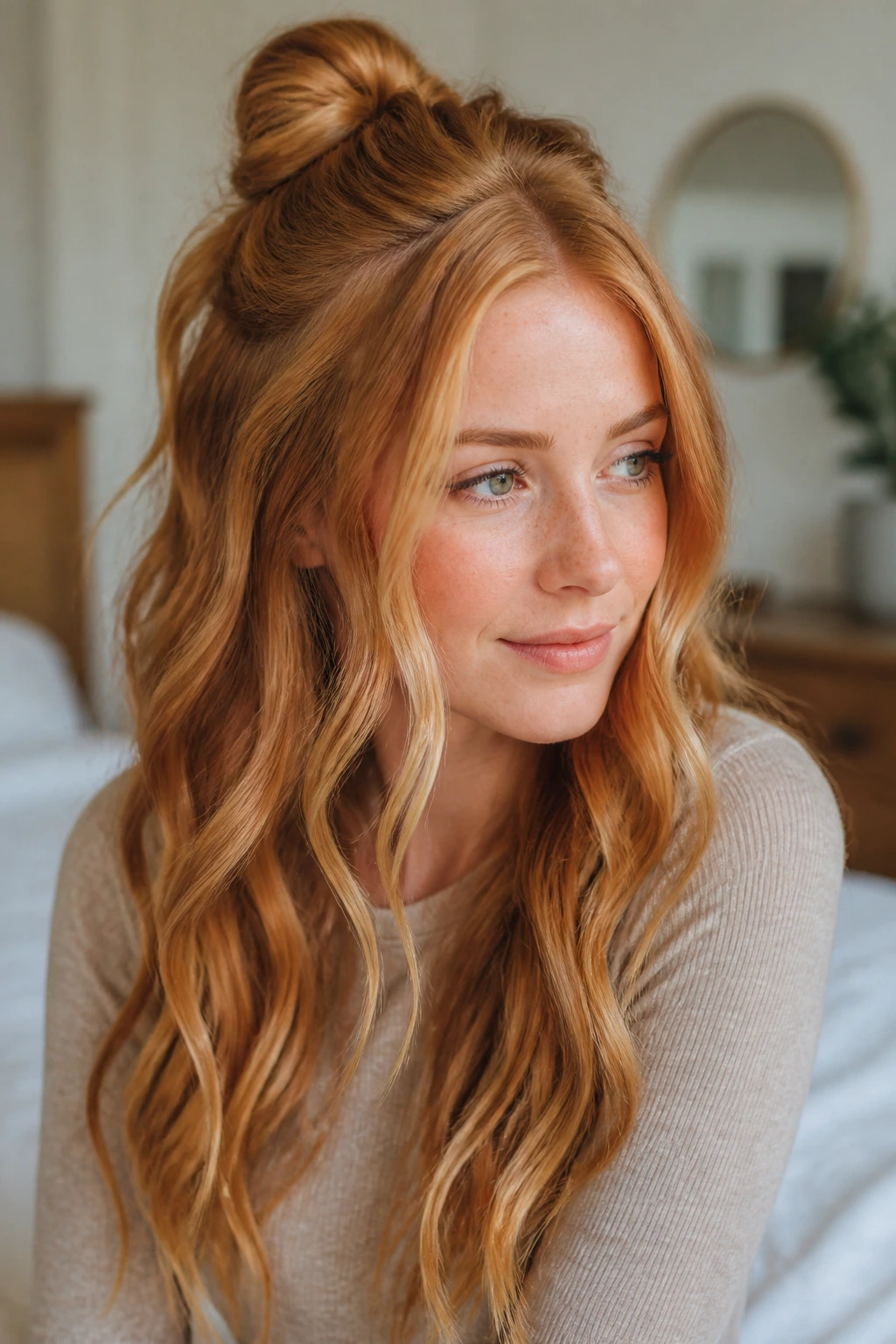 Close-up of a real woman with half-up knot on long waves
