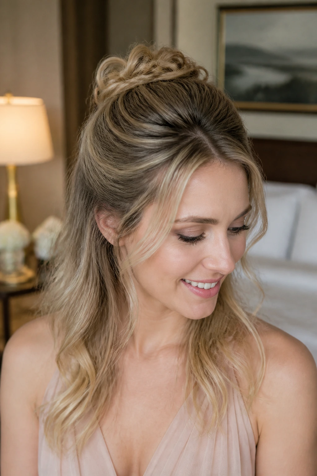 Close-up of a woman with half-up knot and teased crown