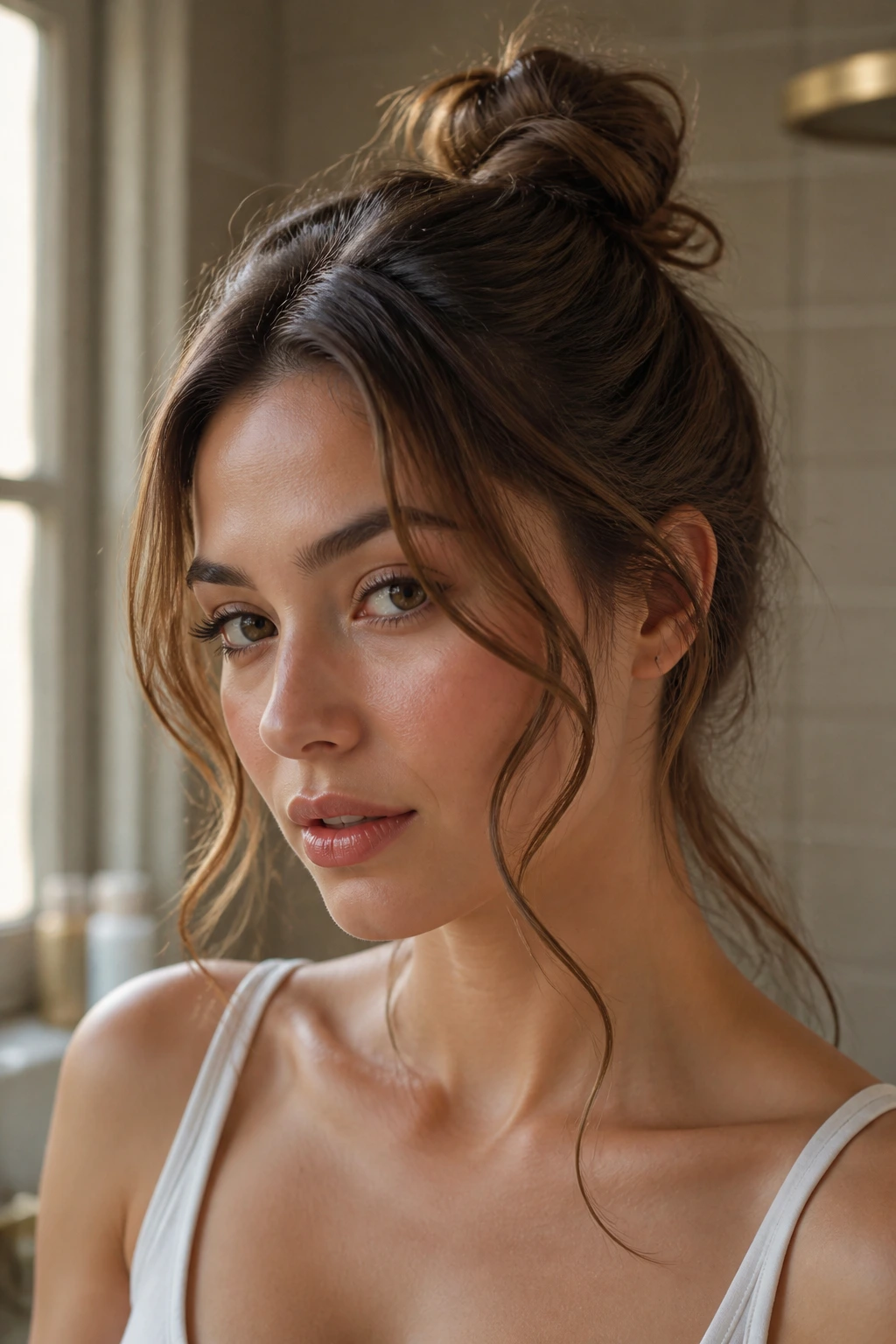 Close-up of half-up top knot with curved tendrils on a real woman