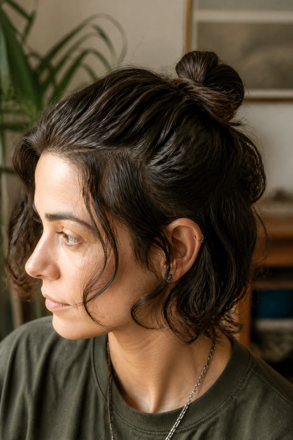Portrait of a person with a half-up knot variation.