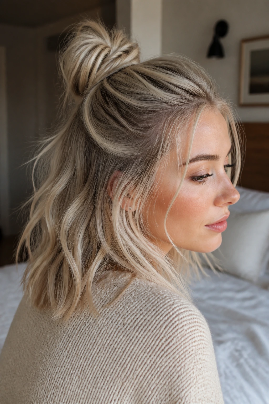 Half-up knot with tousled ends on a real woman.