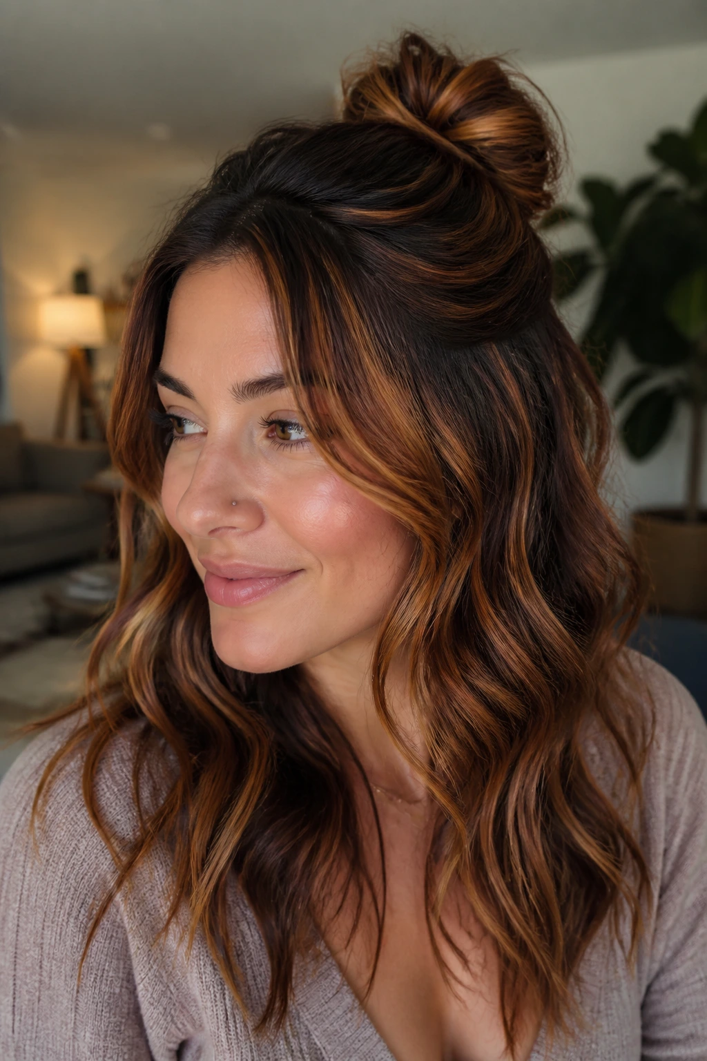 Portrait of a woman with half-up knot waves and copper babylights