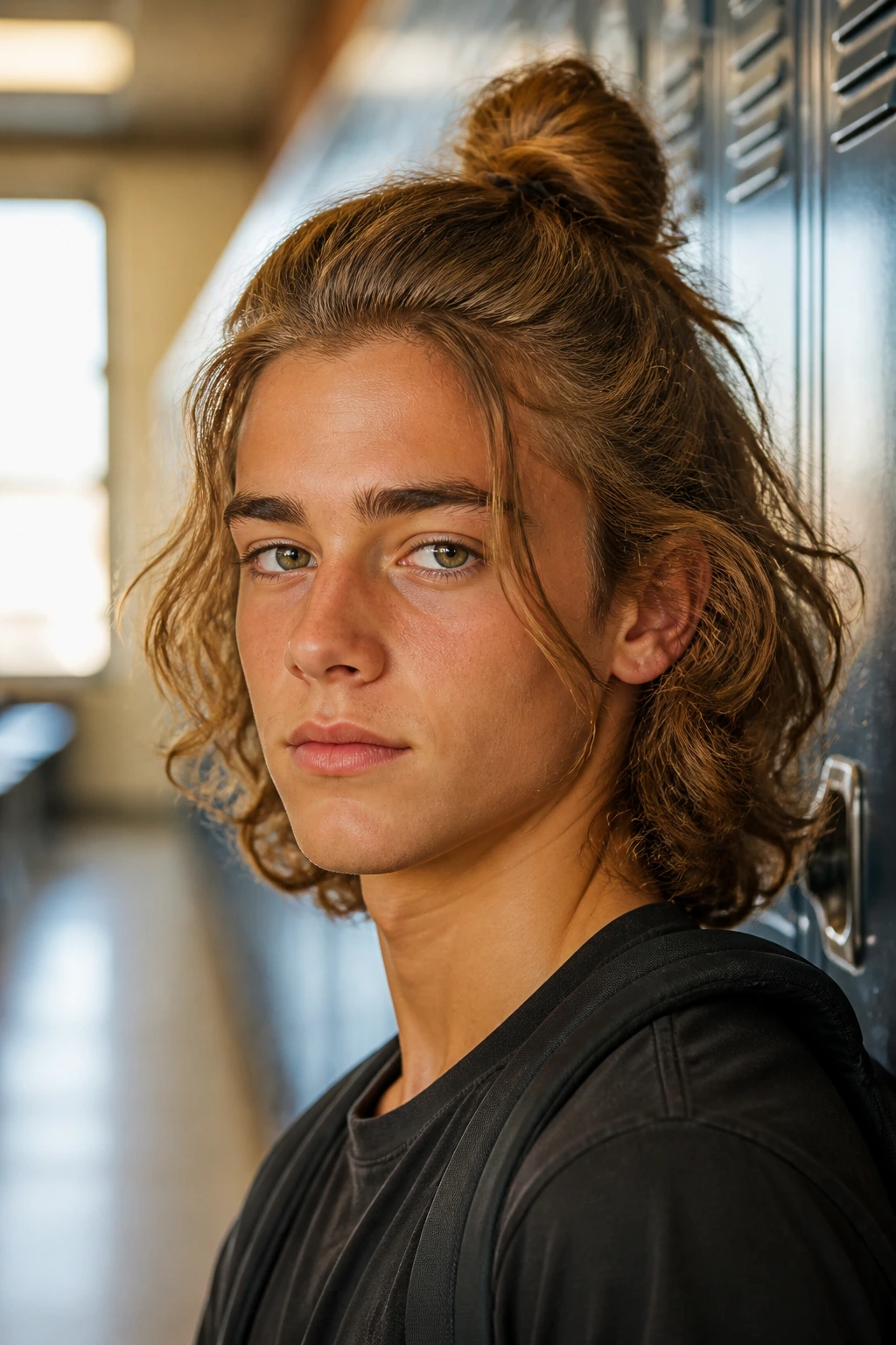 Close-up portrait of a real boy showing a half-up knot hairstyle with loose ends