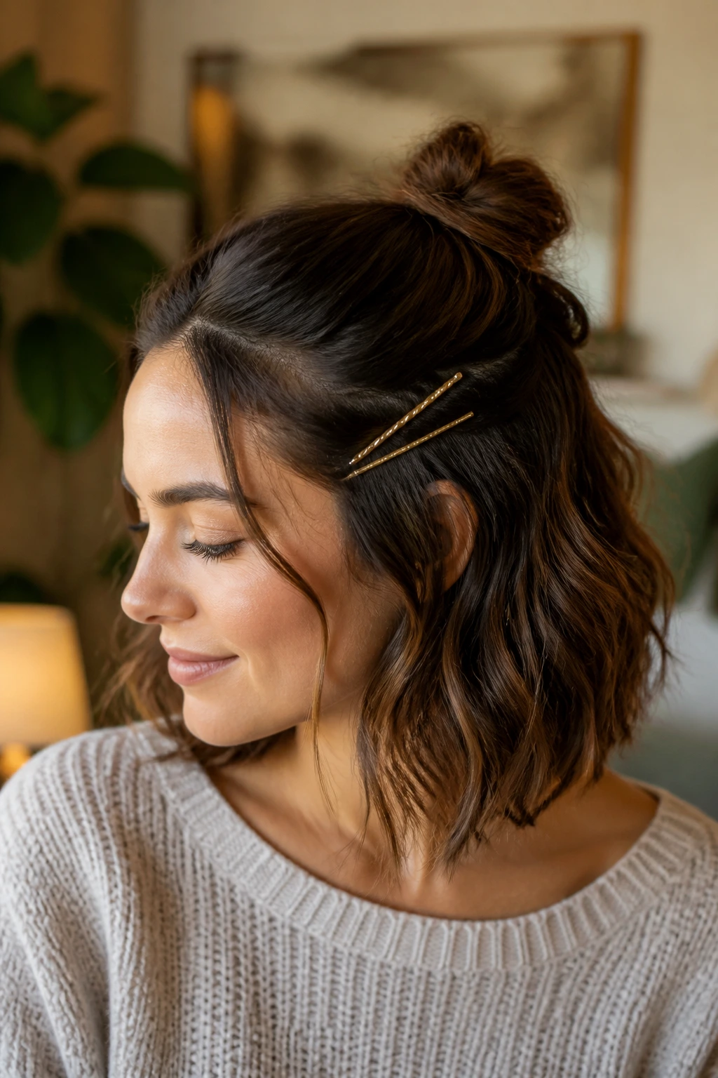 Portrait of woman with temple pins and half-up knot on wavy hair.