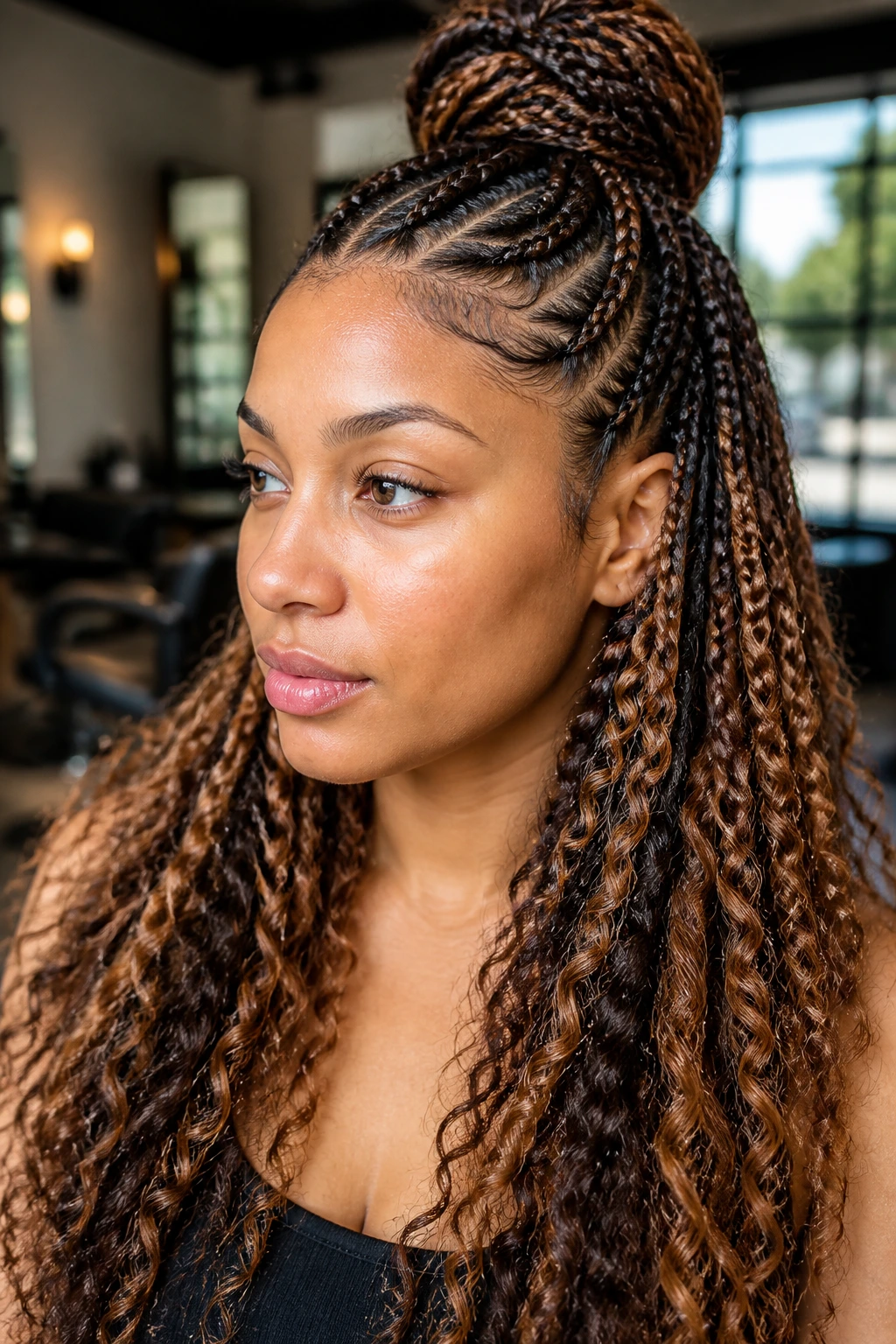 Close-up of a real woman with half-up knotless braids featuring caramel highlights.