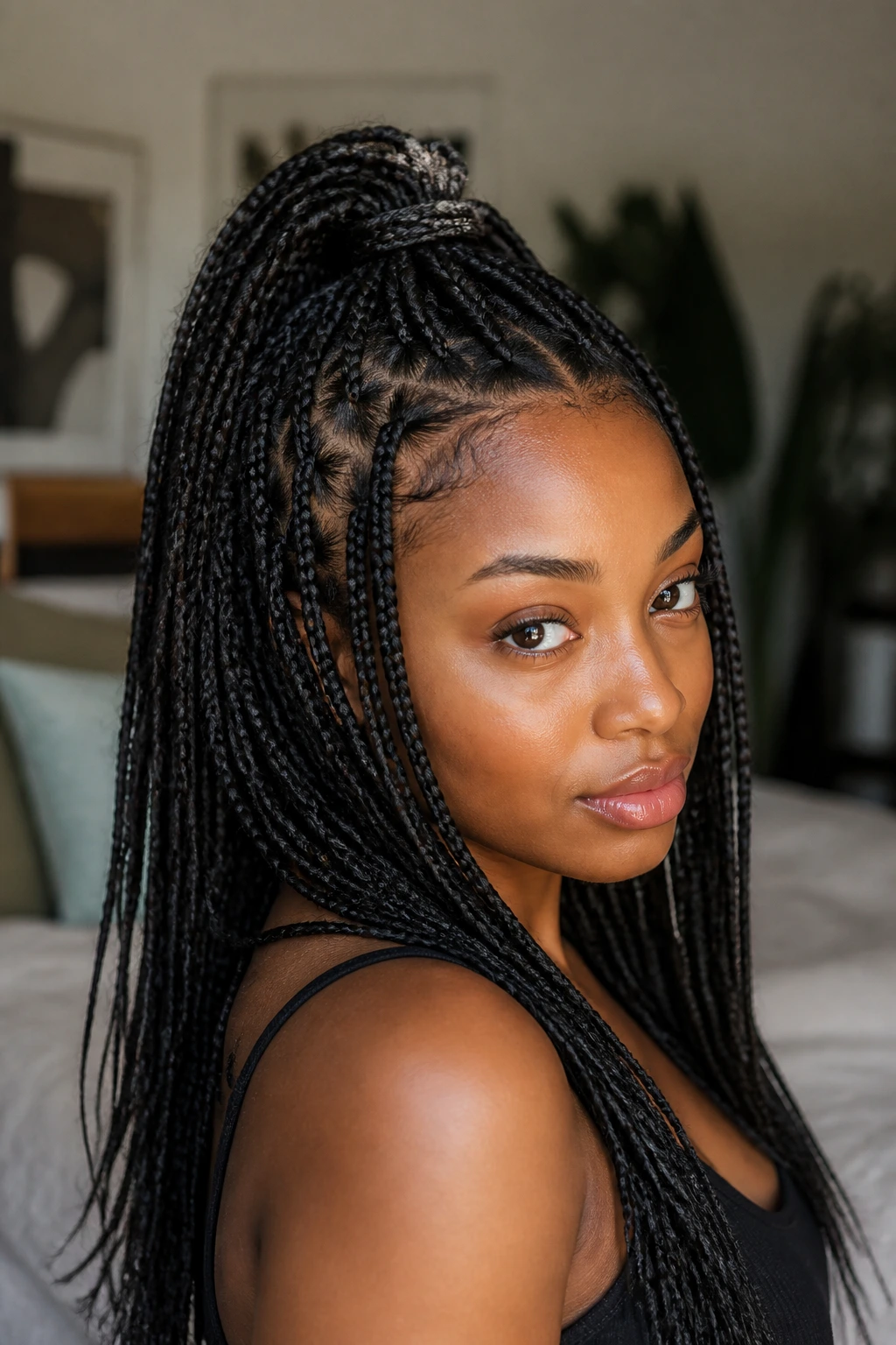 Real person wearing a half-up knotless ponytail