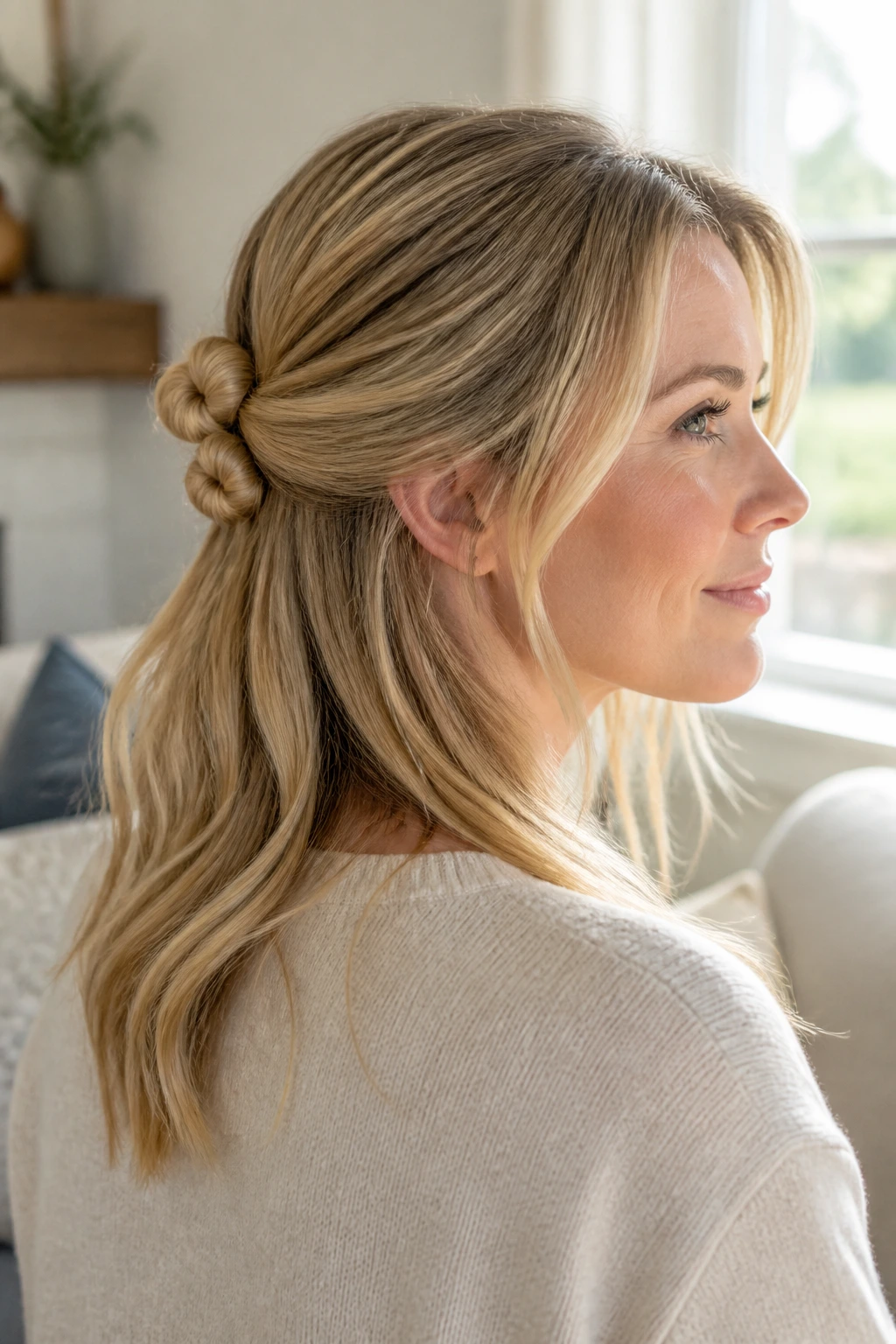 Close-up of a real woman showing the half-up knotted back hairstyle