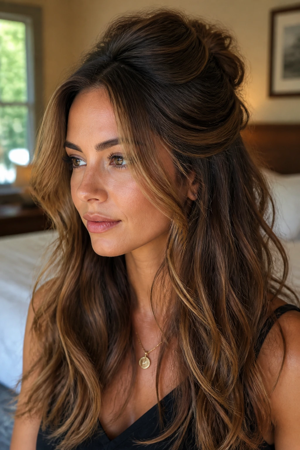 Close-up of a real woman wearing a half-up layered hairstyle with caramel highlights around the temples