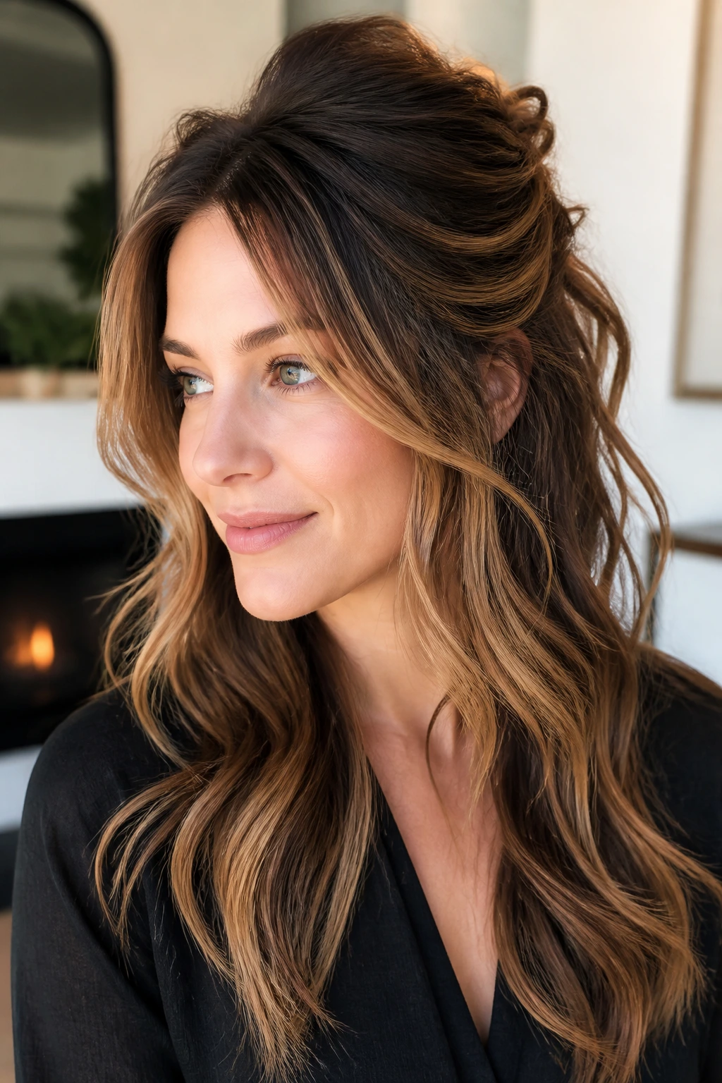 Close-up portrait of a woman with a half-up layered length hairstyle and caramel highlights