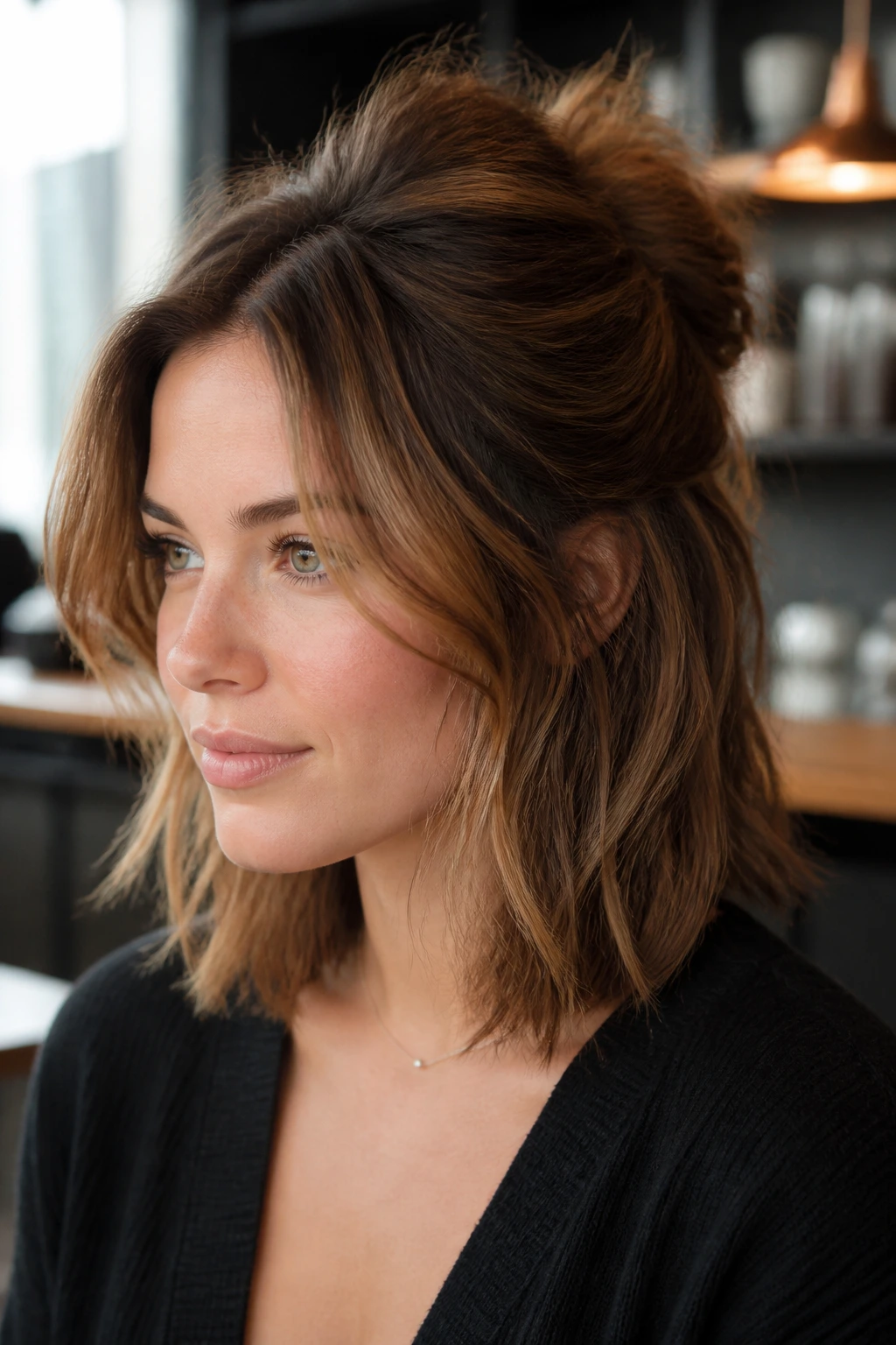 Close-up of a real woman with half-up layered lob in a cafe