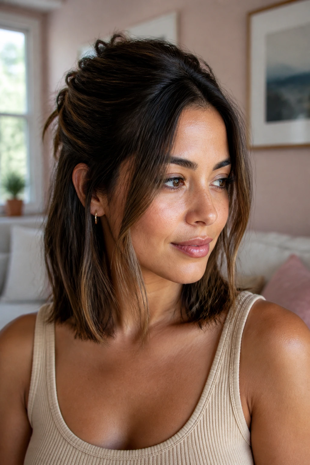 Close-up portrait of a real woman wearing a half-up layered lob, top half pinned back and loose front pieces framing the face.