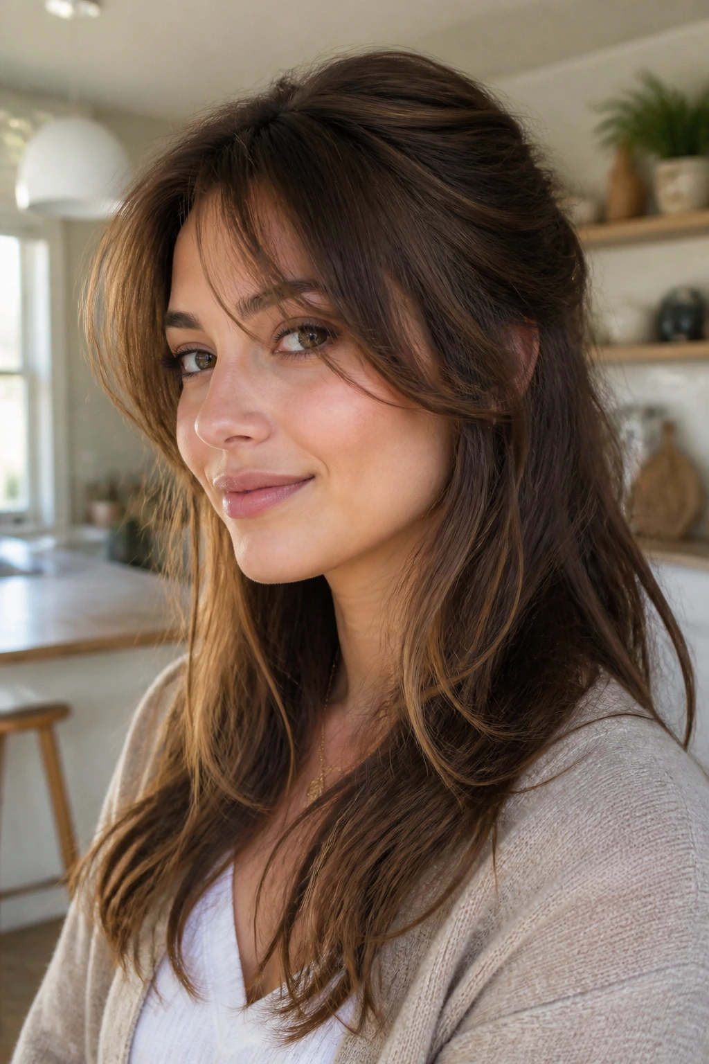 Portrait of a real woman with half-up layers framing the face and a subtle half-up style.