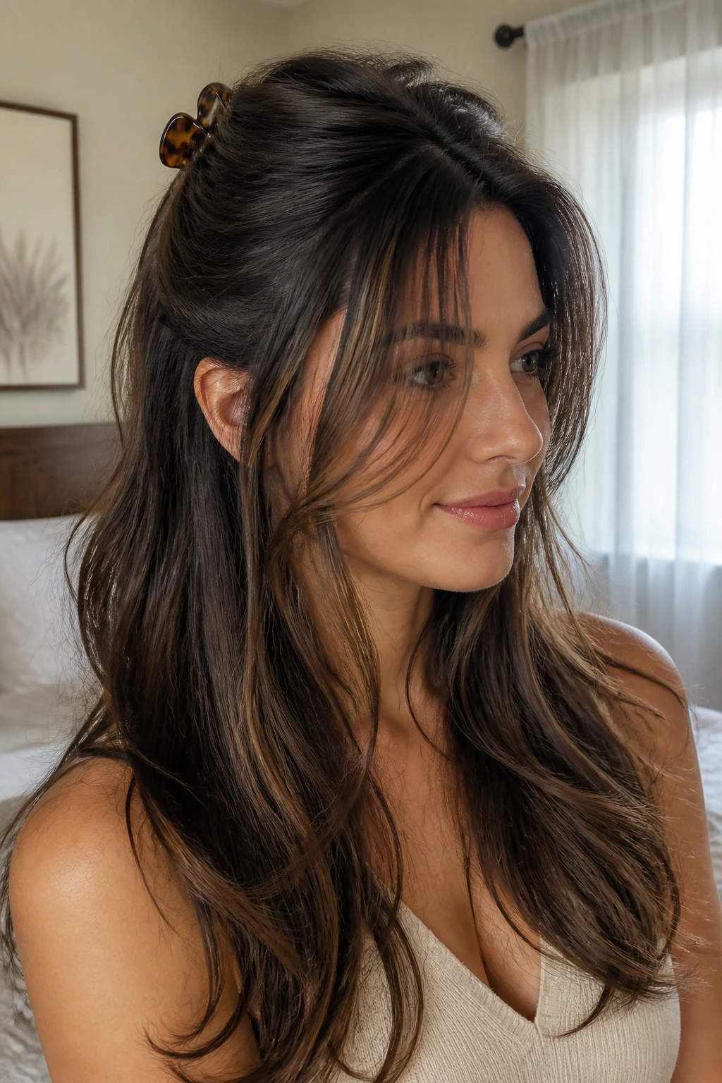 Close-up of a real woman with half-up friendly layers and loose front pieces, natural light