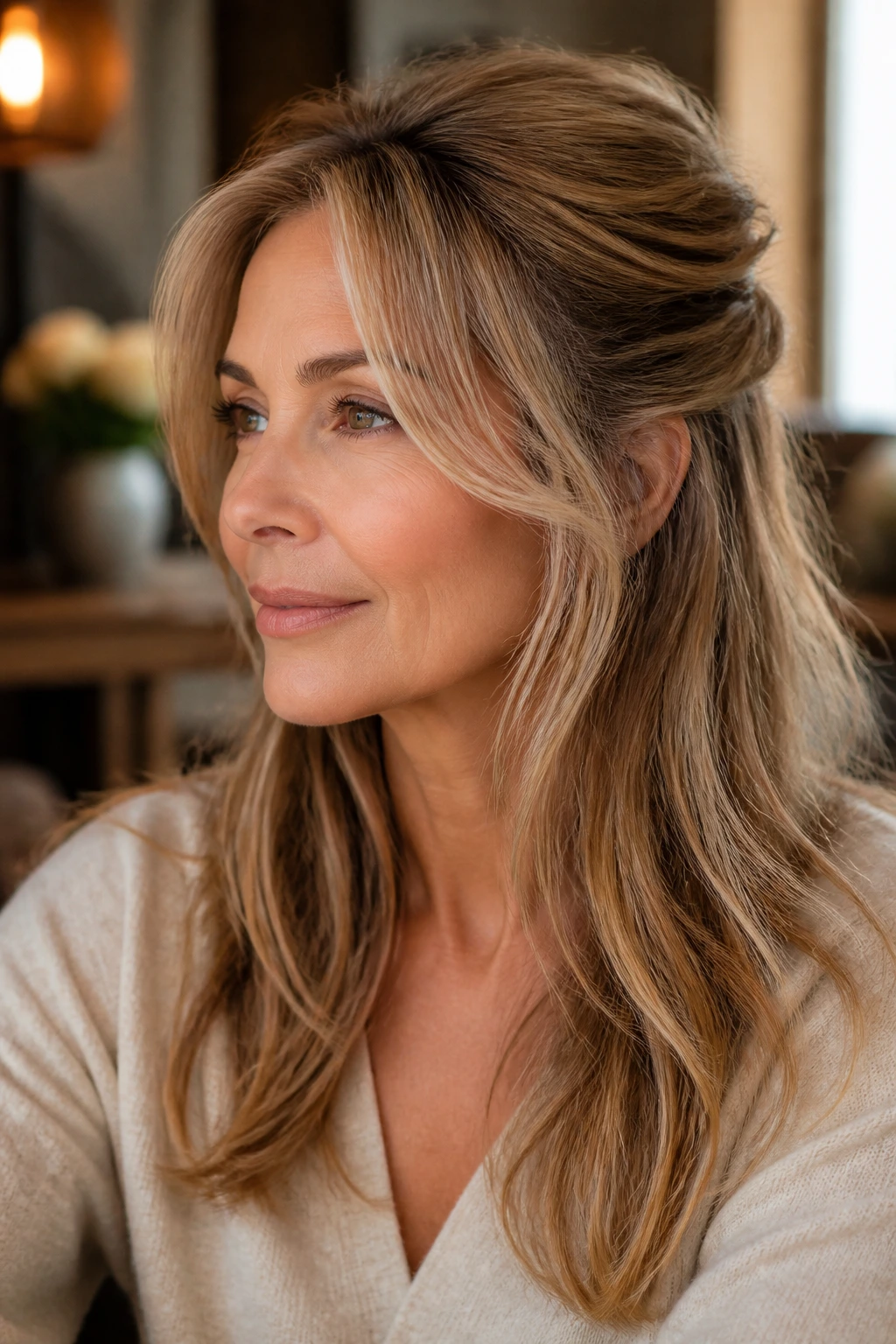 Portrait of a real woman wearing a half-up hairstyle with loose face-framing pieces