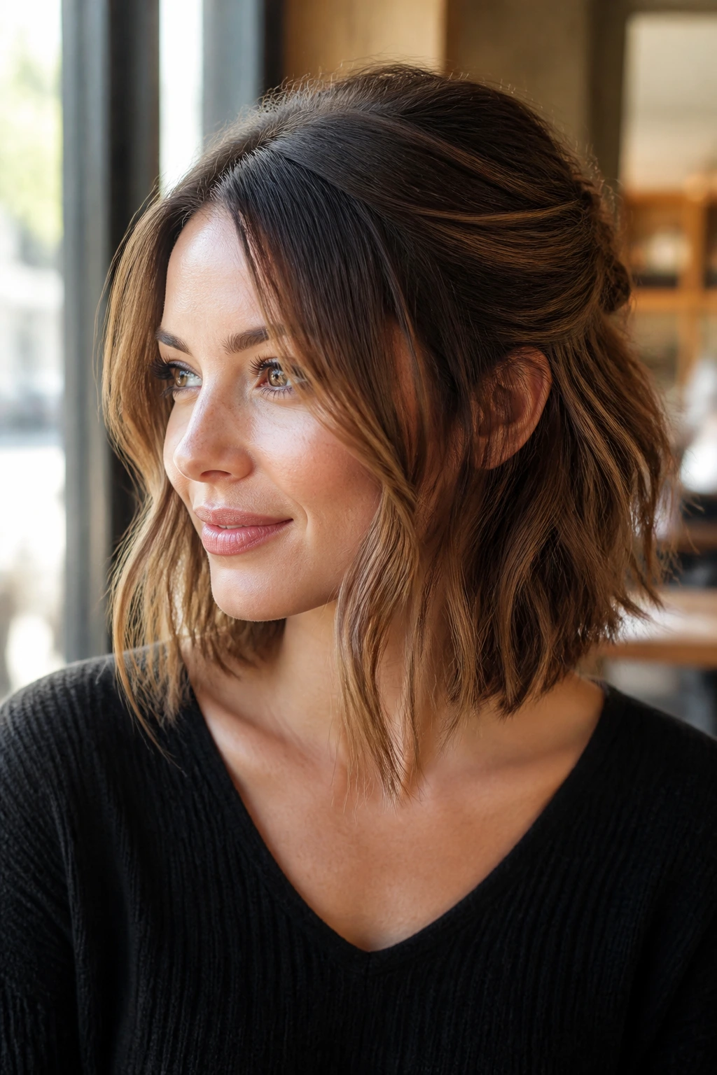 Close-up of a real woman with Half-Up Friendly Lob With Longer Front Pieces and soft waves