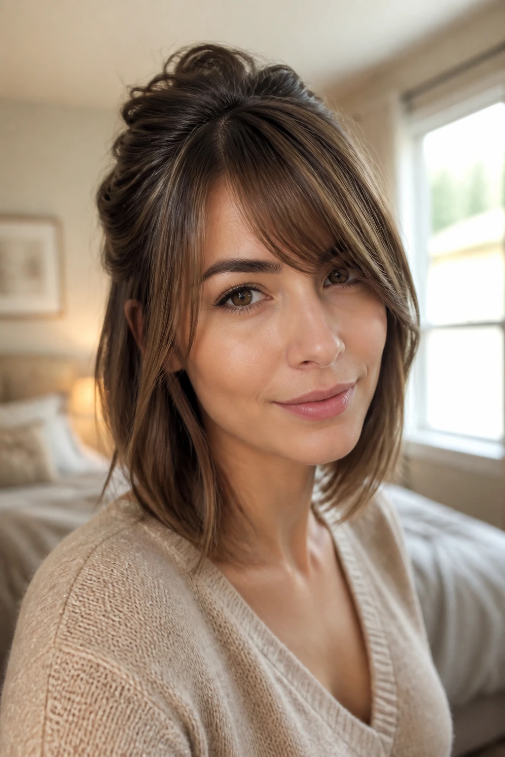 Close-up of a real woman with half-up lob and loose fringe