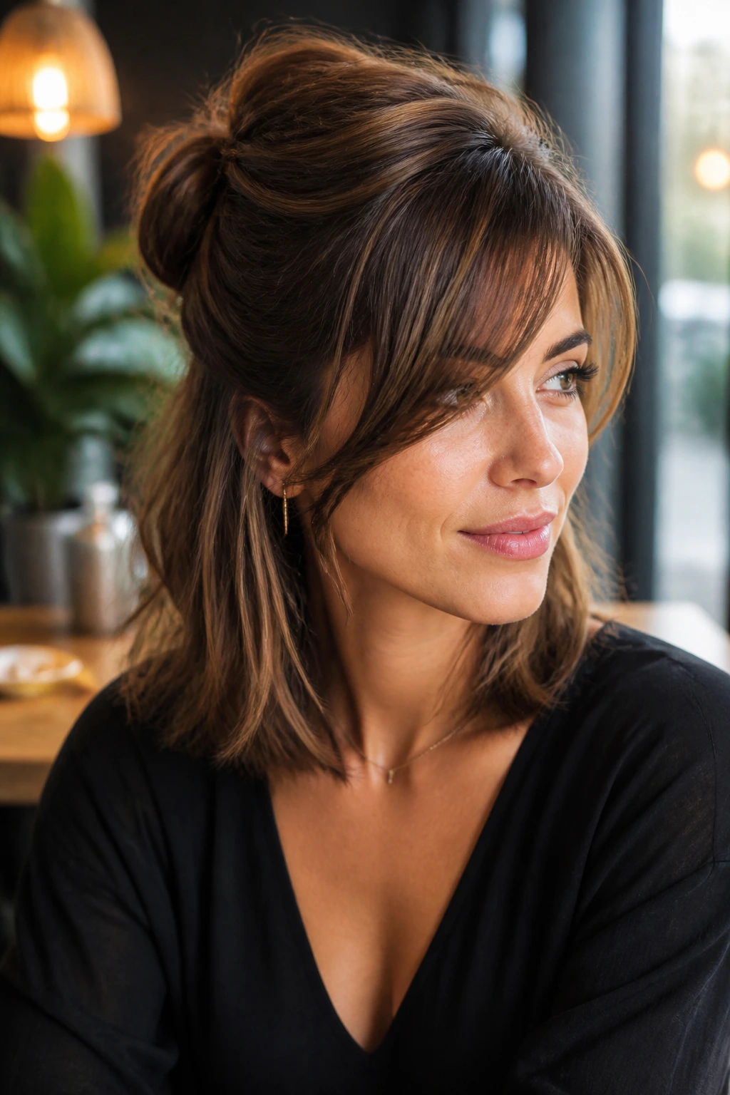 Close-up of real woman with half-up medium cut and side bang balance